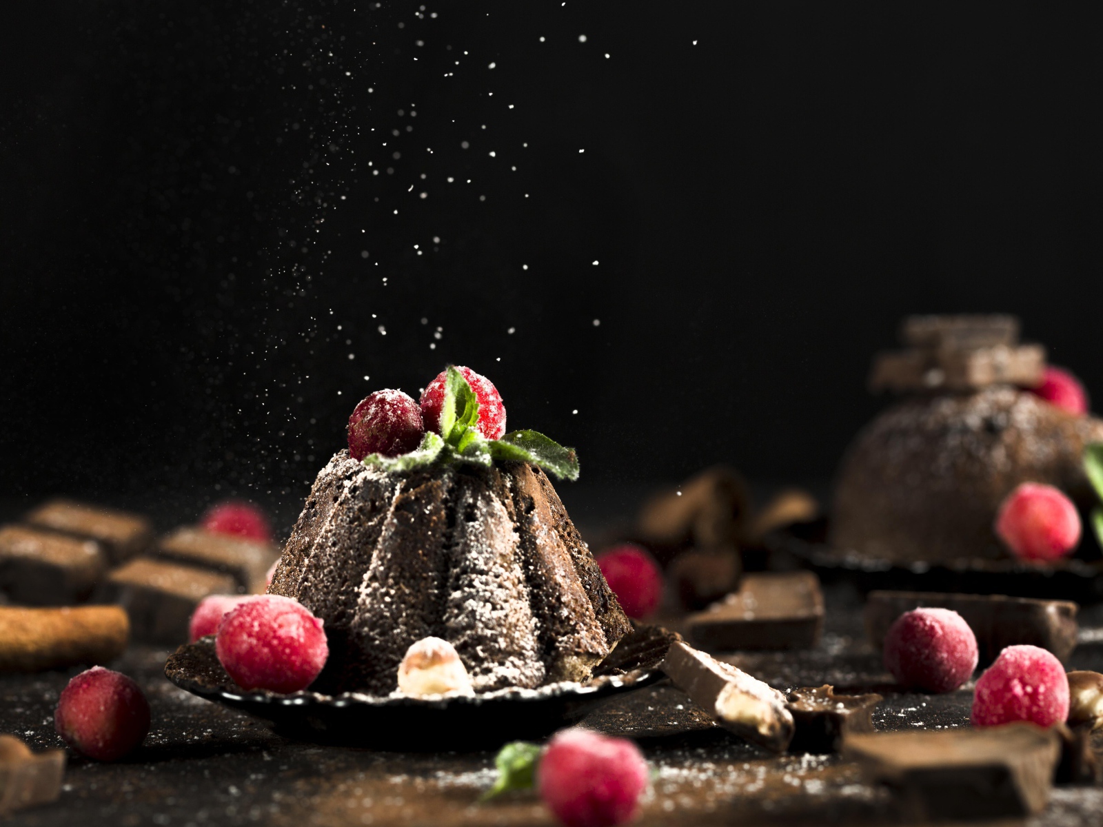 Шоколадный десерт на столе с ягодами клюквы 