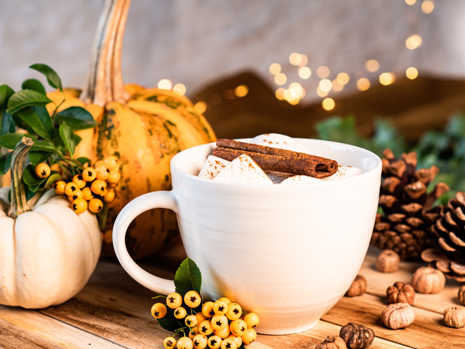 Чашка горячего маршмеллоу с корицей на столе с тыквой и шишками