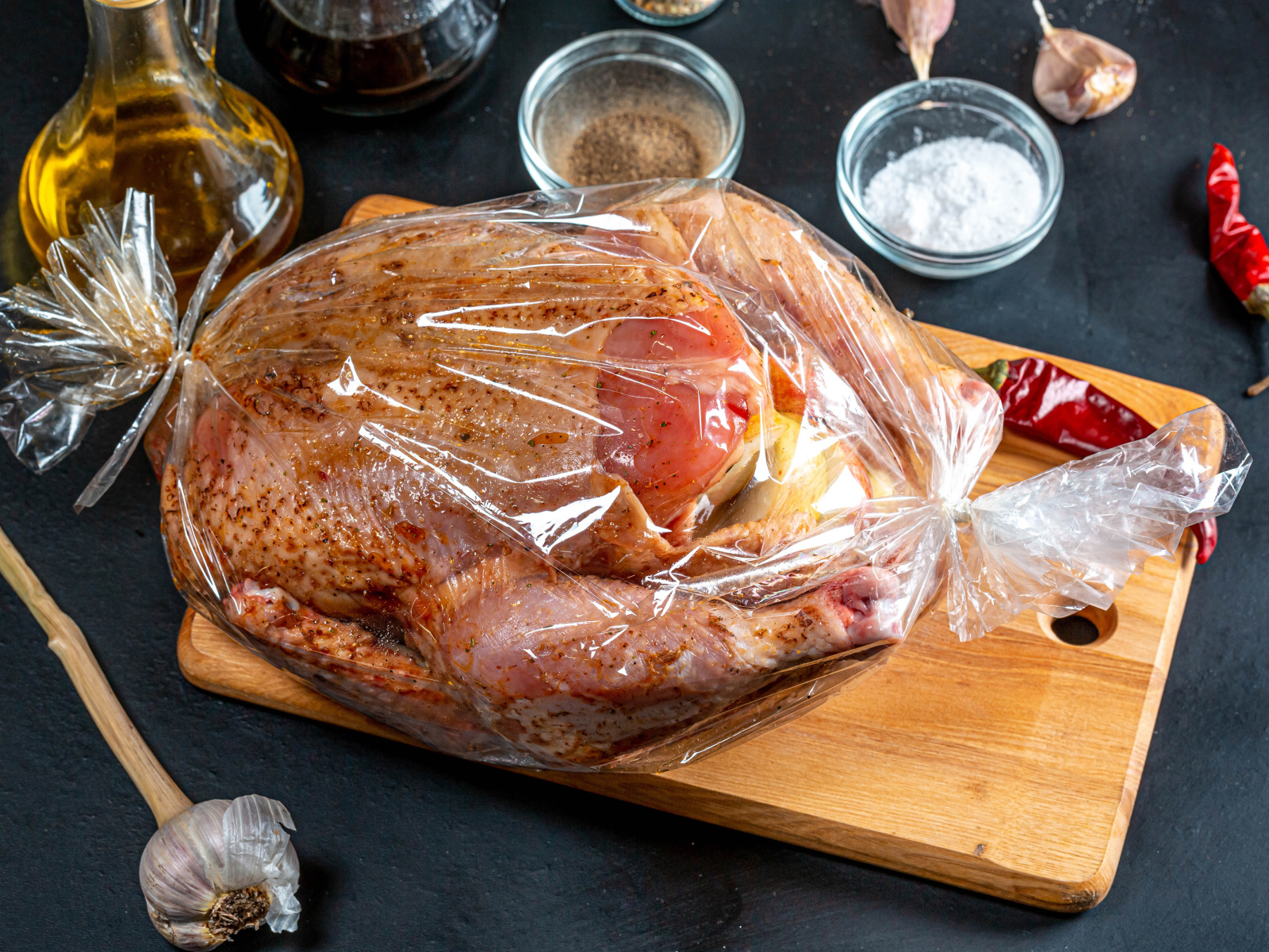 Курица в пакете готовится к запеканию 