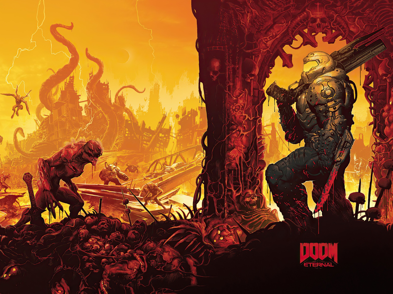 Солдат и монстры из компьютерной игры Doom Eternal, 2020