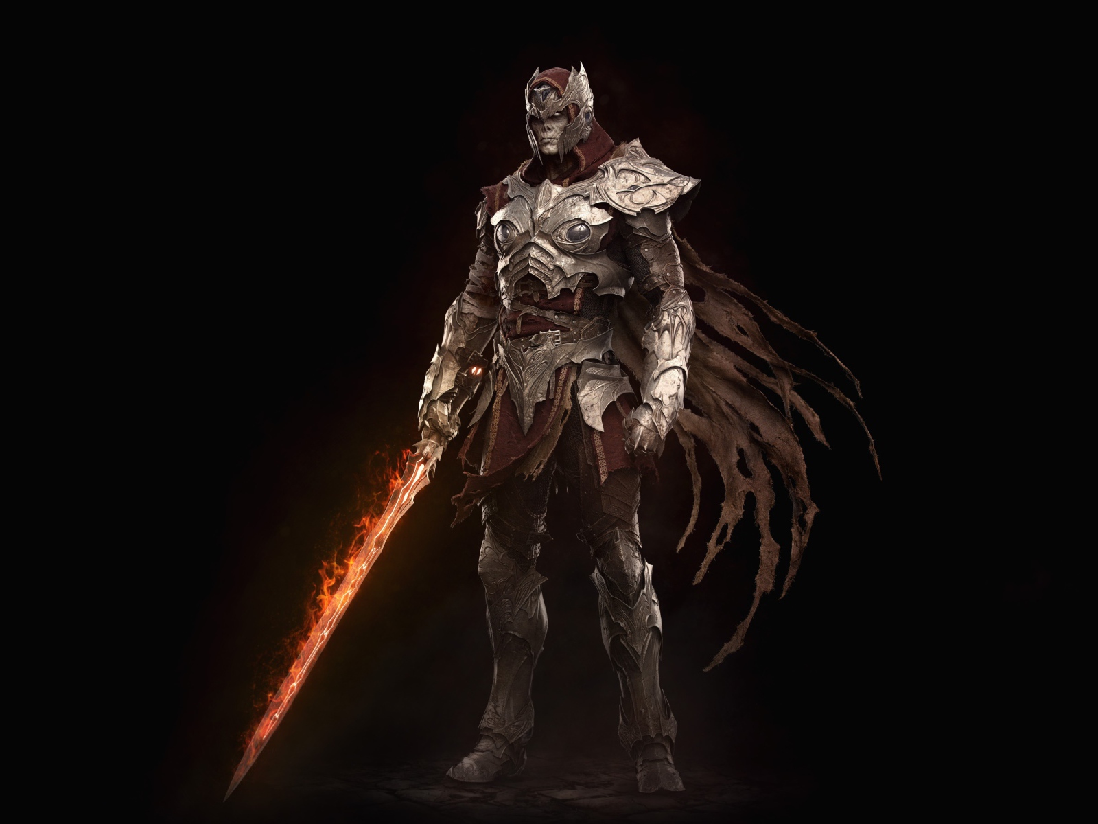 Воин в железных доспехах с огненным мечом в руке