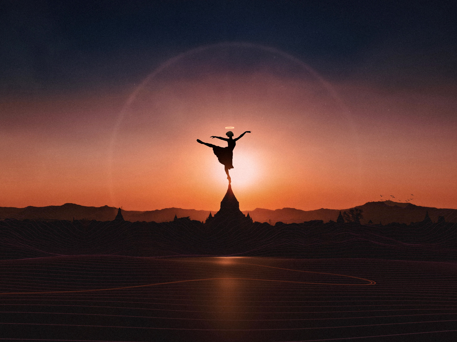 Девушка танцует балет на закате солнца