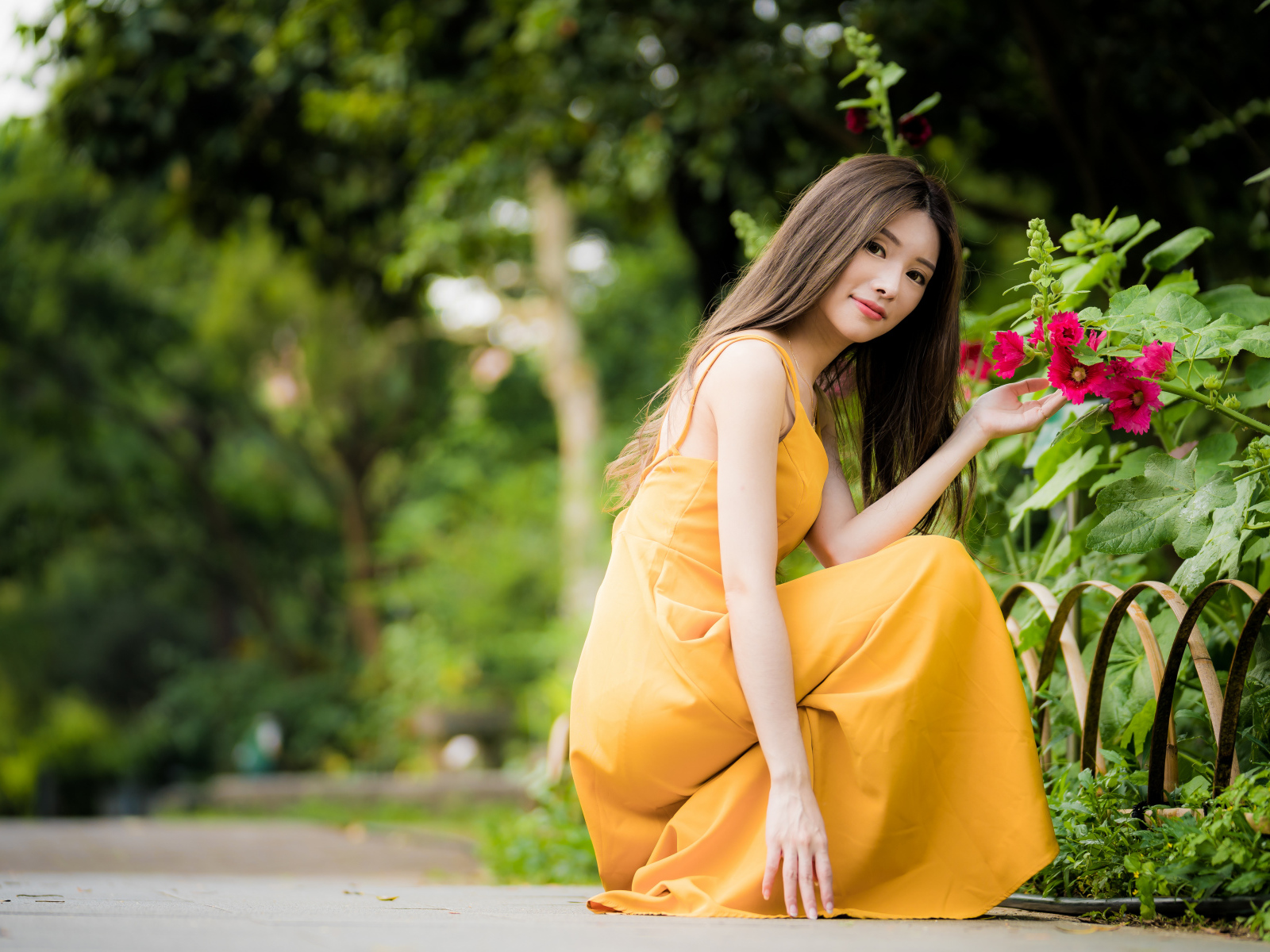 Девушка в желтом платье сидит у цветка мальвы в парке