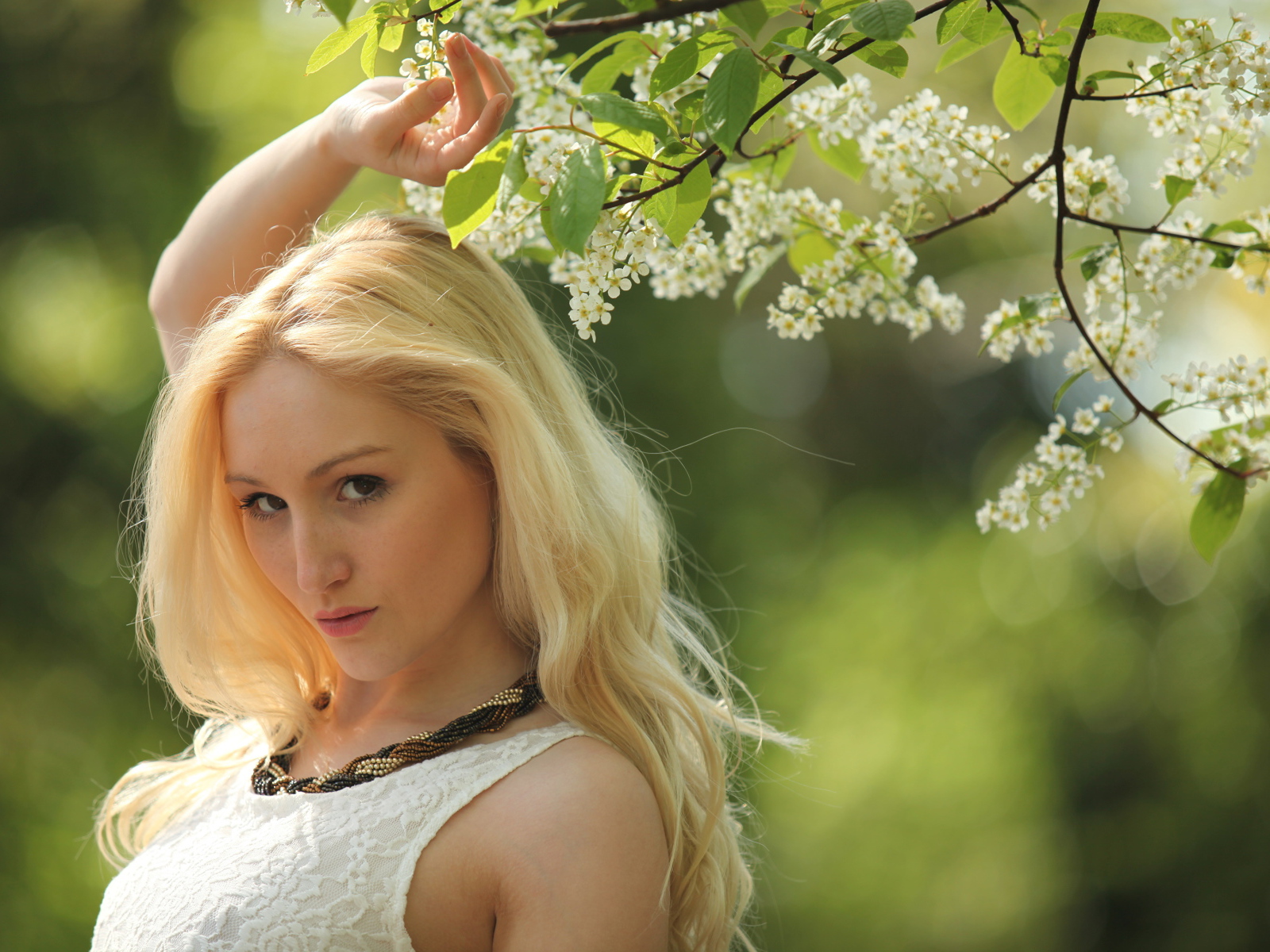 Красивая блондинка у ветки с белыми цветами