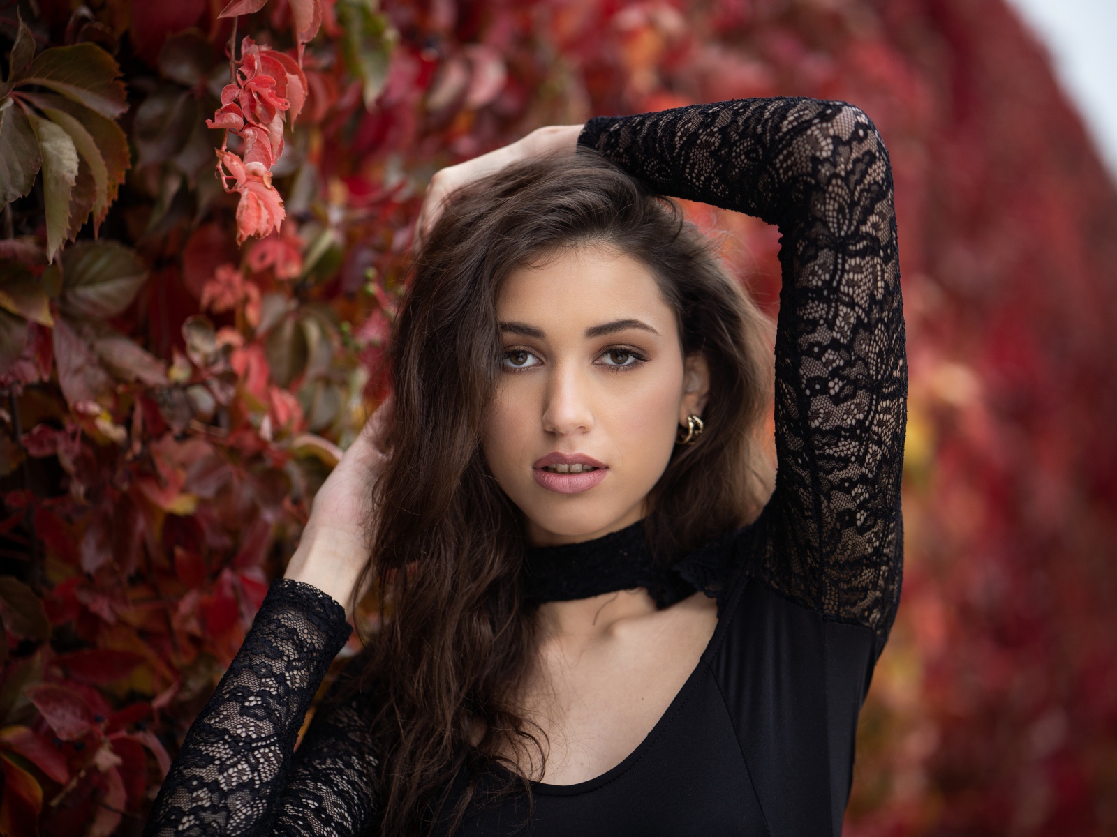 Красивая длинноволосая шатенка в черном платье