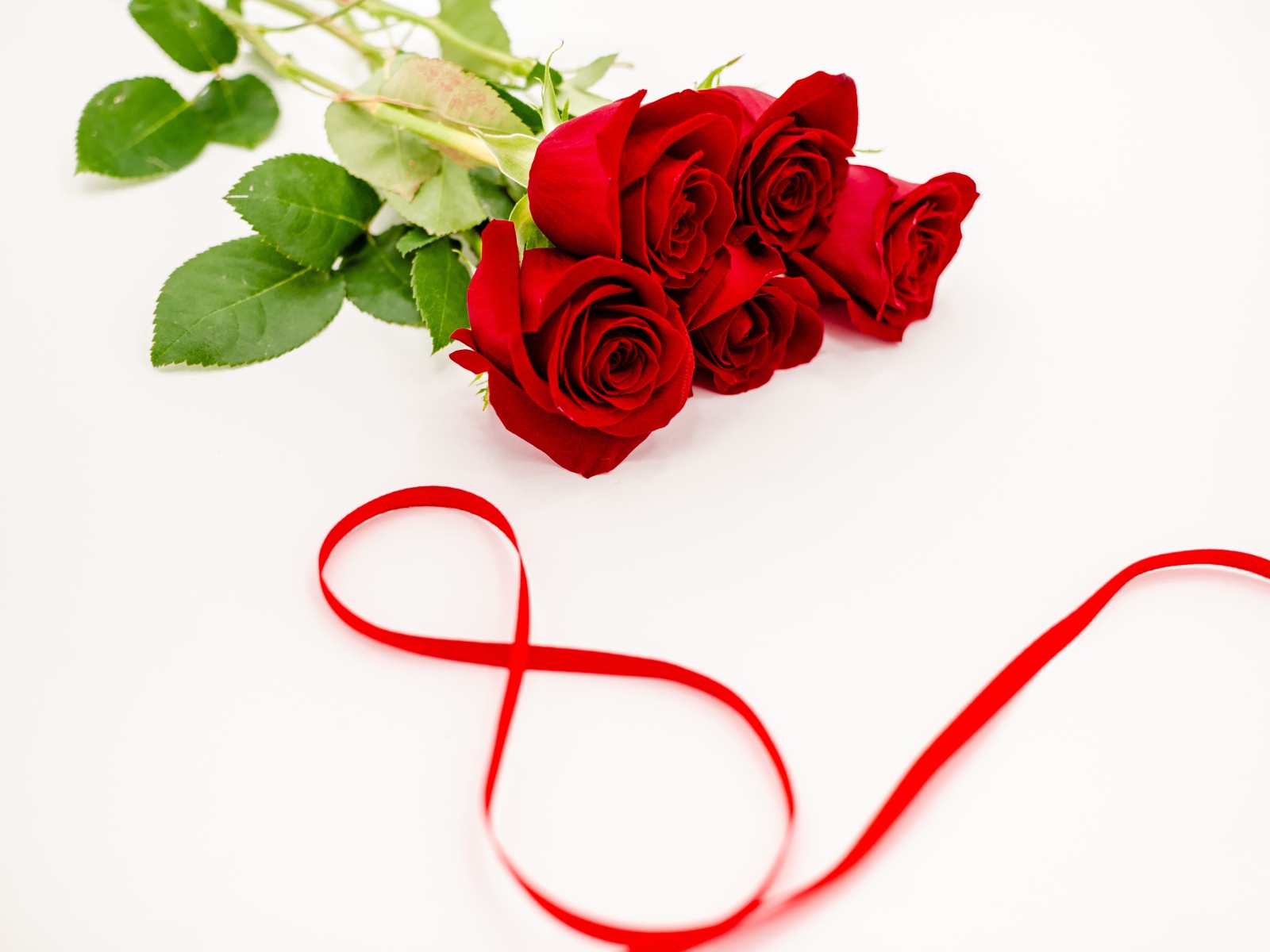 Букет красных роз и цифра 8 из атласной ленты на белом фоне