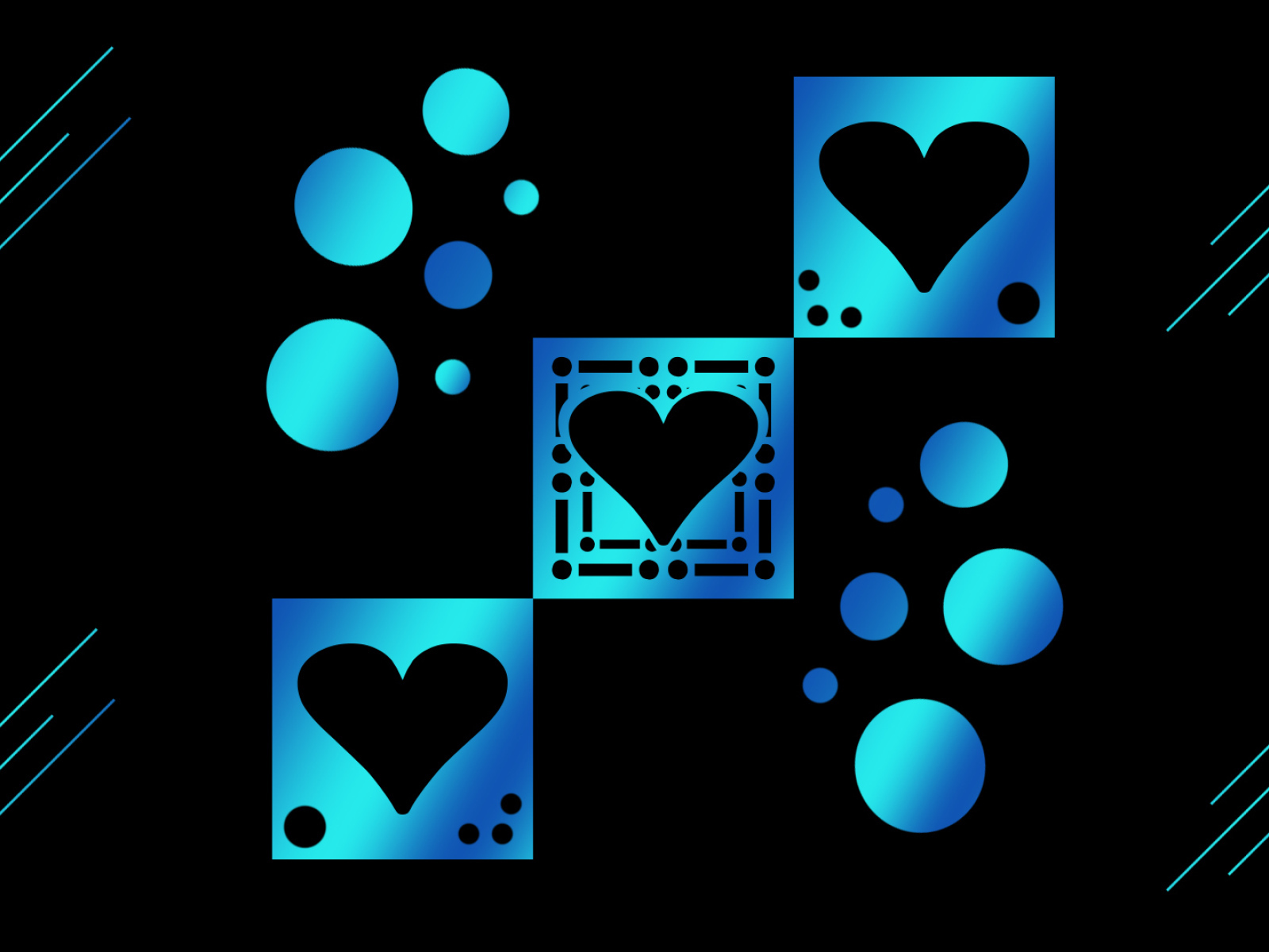Голубые квадраты с сердечками на черном фоне