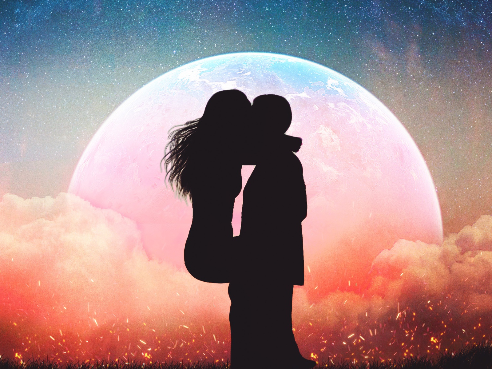 Поцелуй влюбленной пары на фоне планеты ночью 