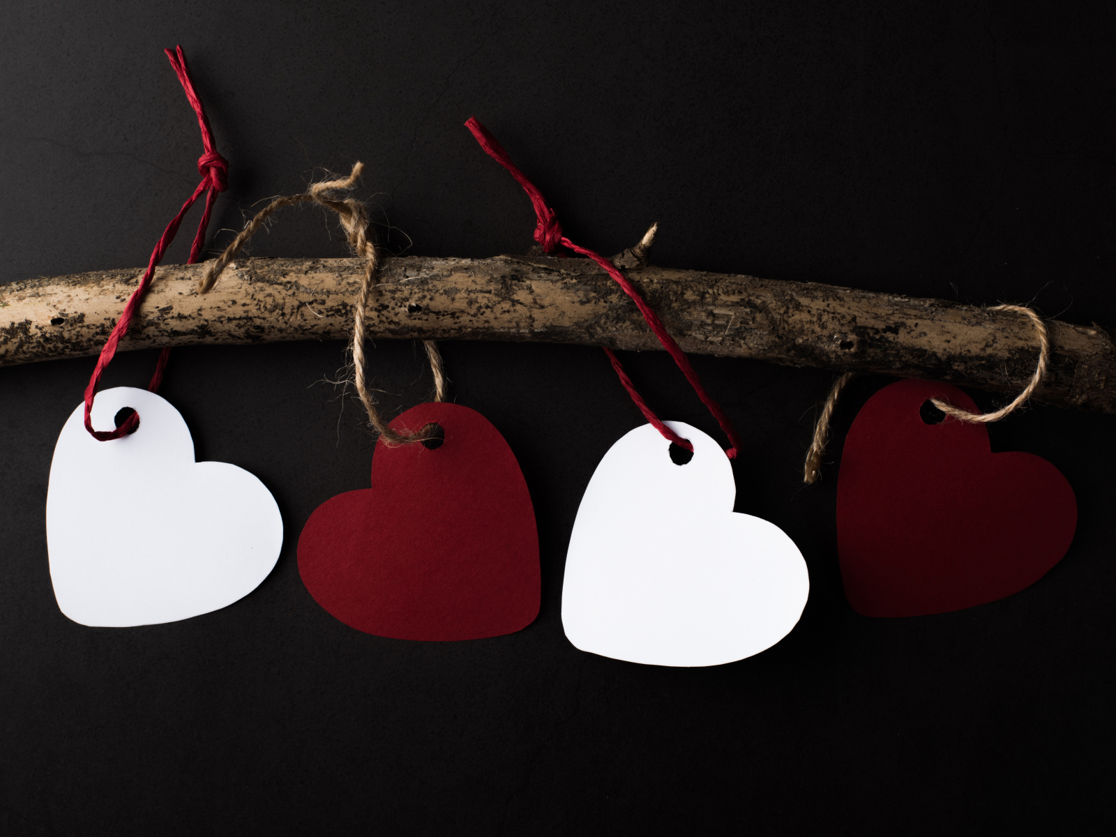 Бумажные сердечки на ветке на черном фоне