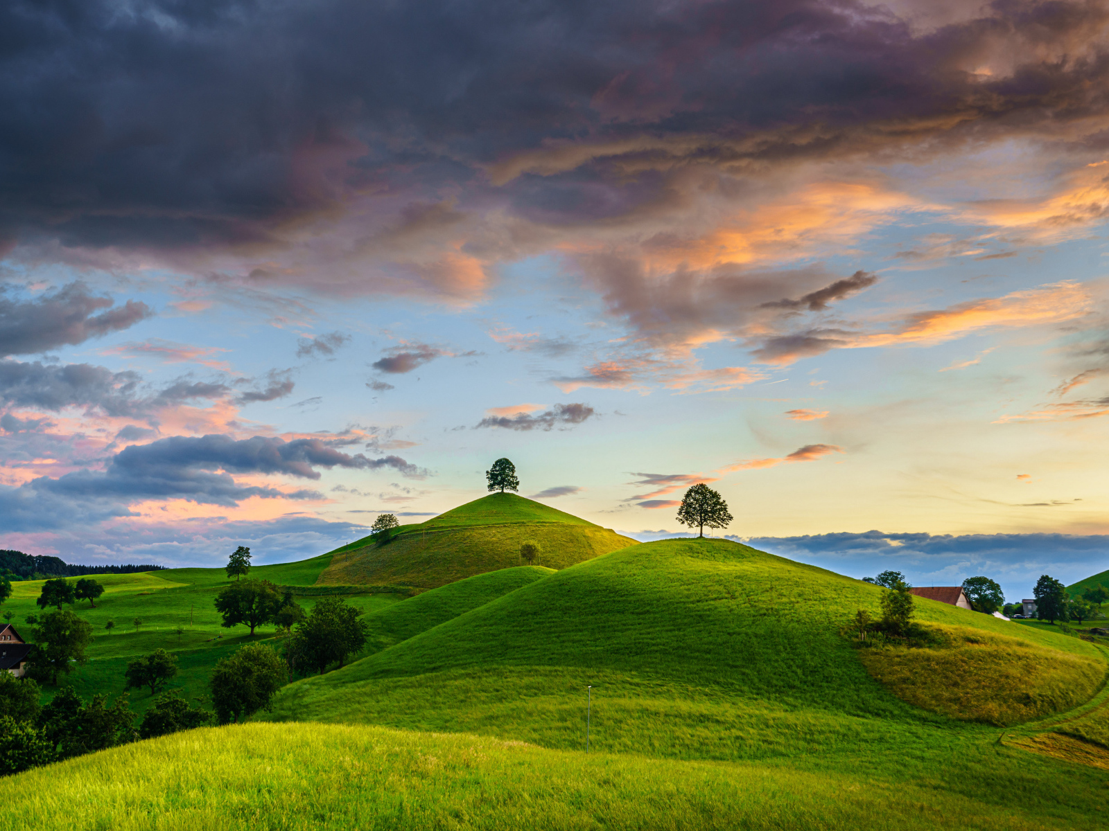 Зеленые холмы с деревьями под небом с грозовыми облаками