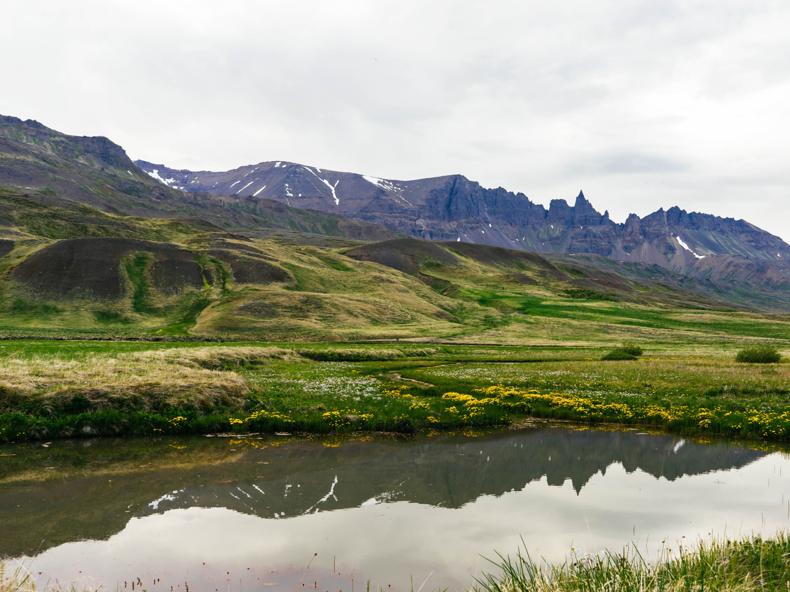 Озеро у холмов с зеленой травой в горах