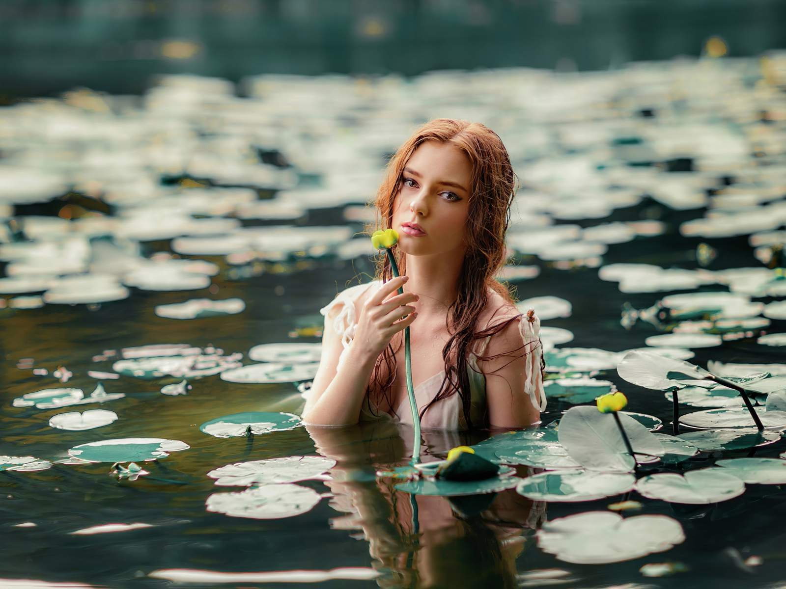 Красивая молодая девушка с водяными лилиями в пруду