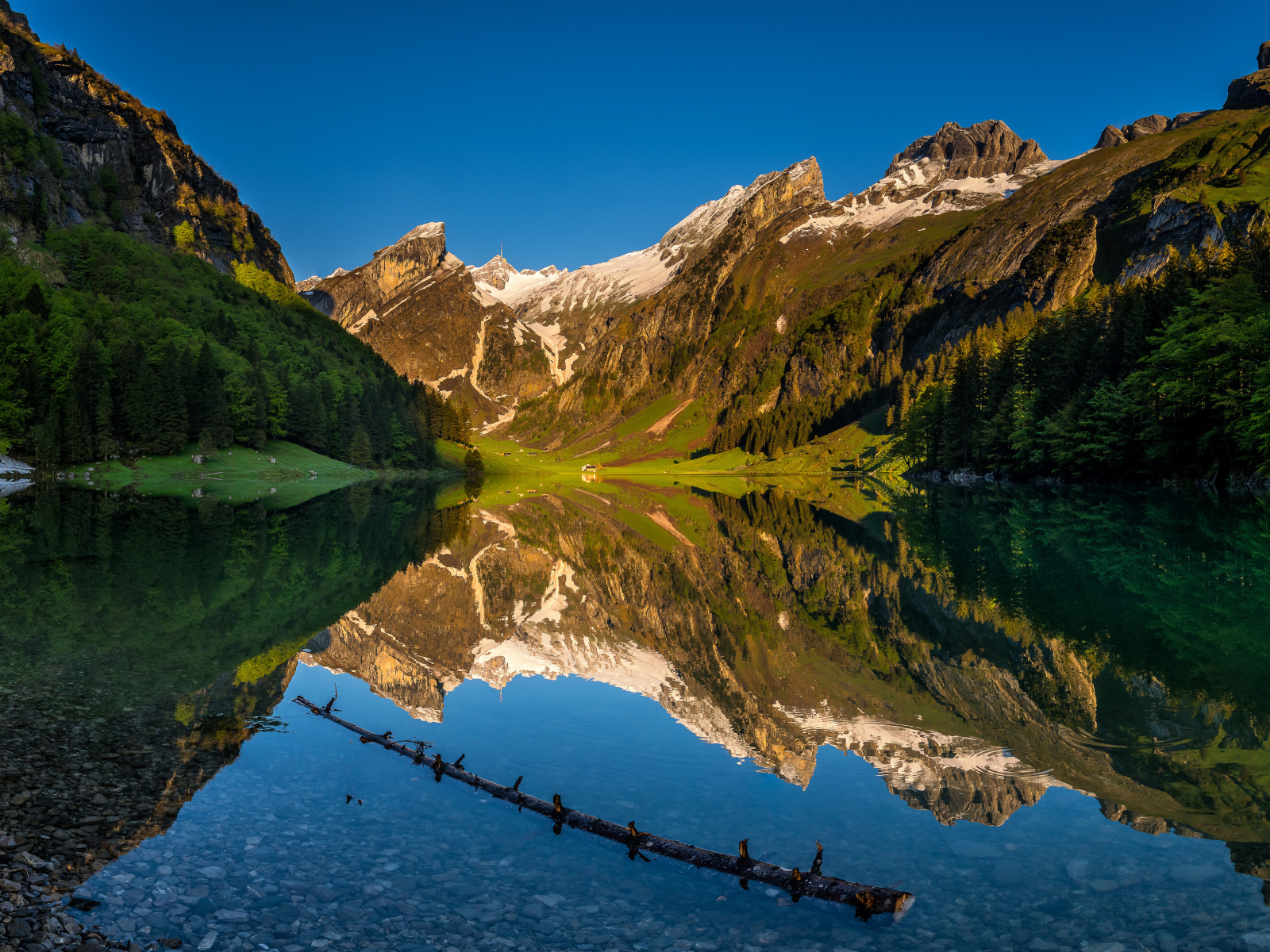 Чистая вода в озере у подножия гор, Швейцария 