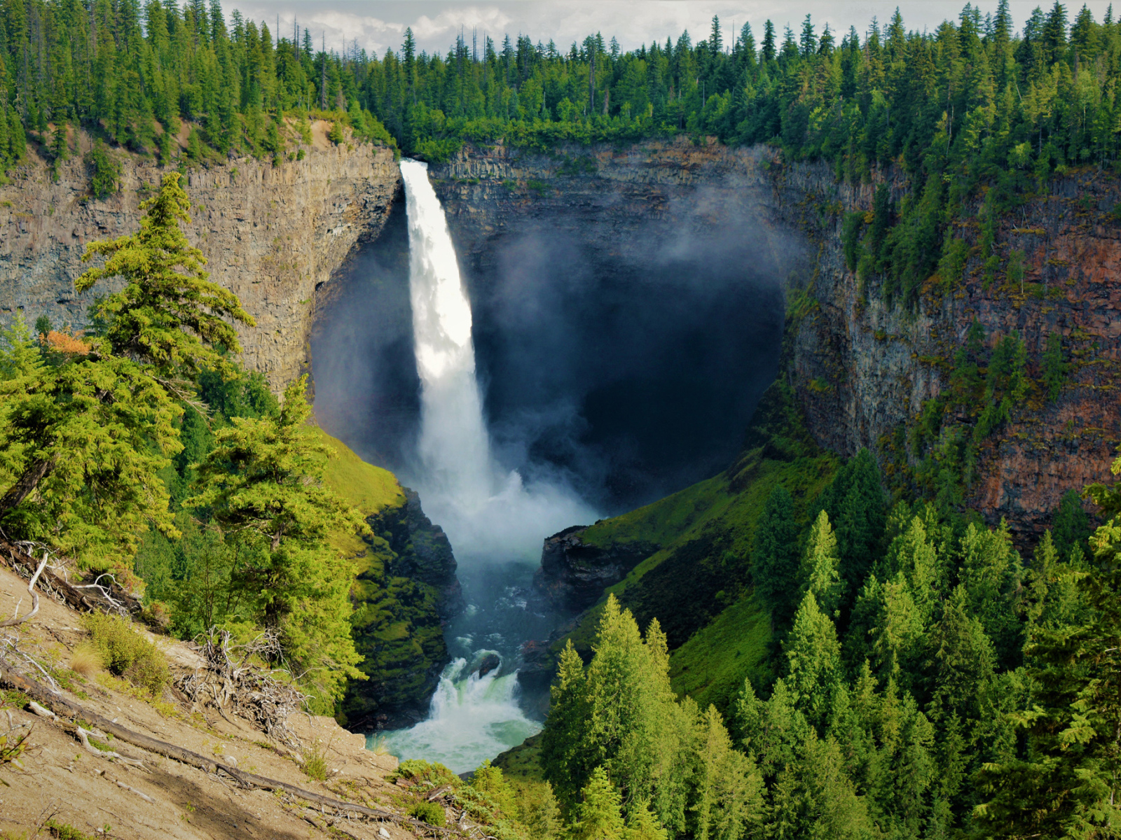 Водопад стекает с утеса в лесу, Канада 