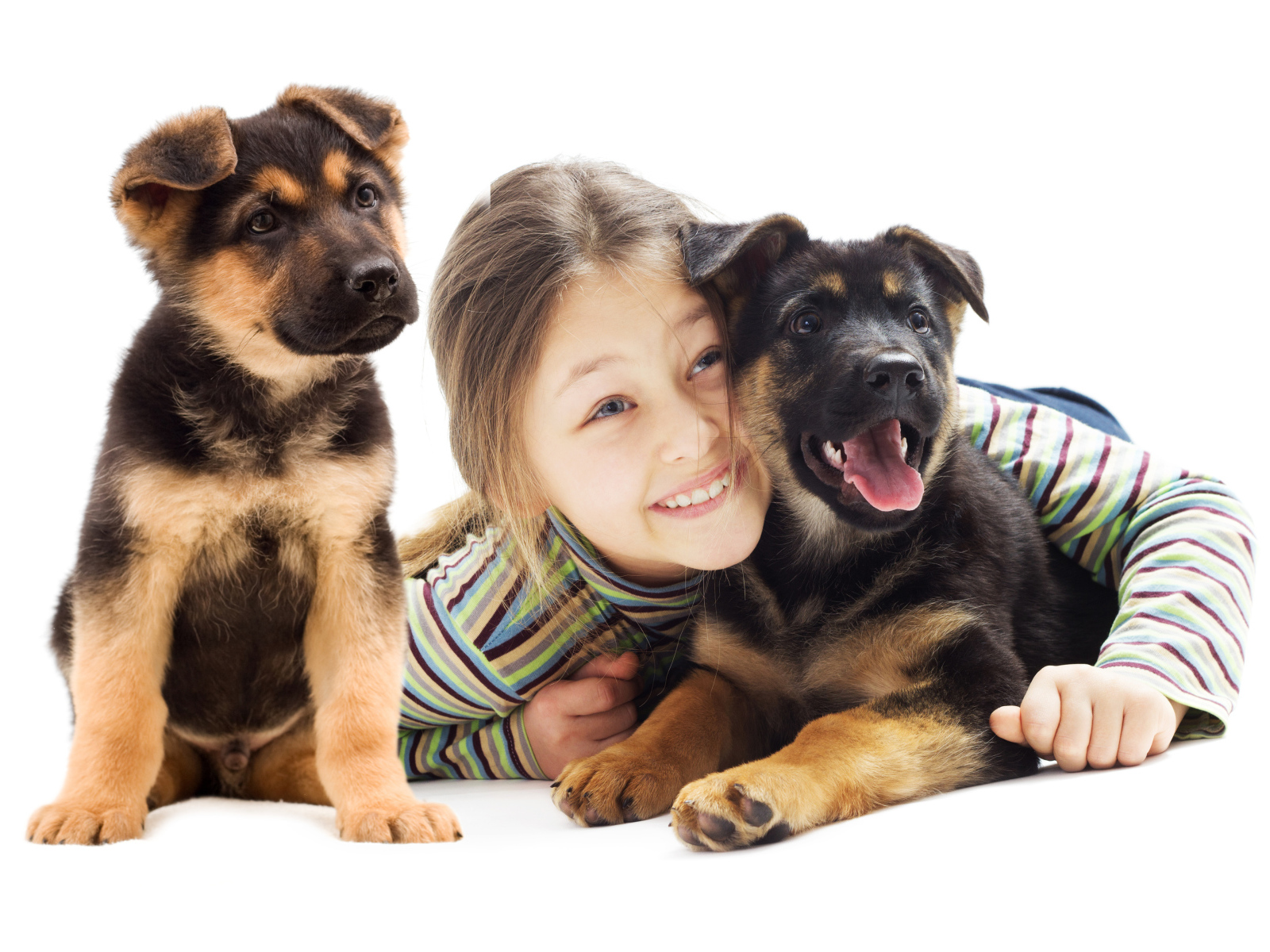 Улыбающаяся девочка с двумя щенками овчарки