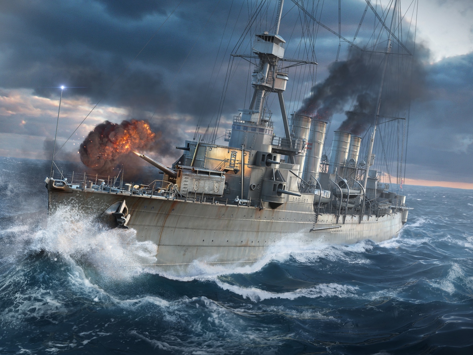 Военный линкор в море во время шторма 