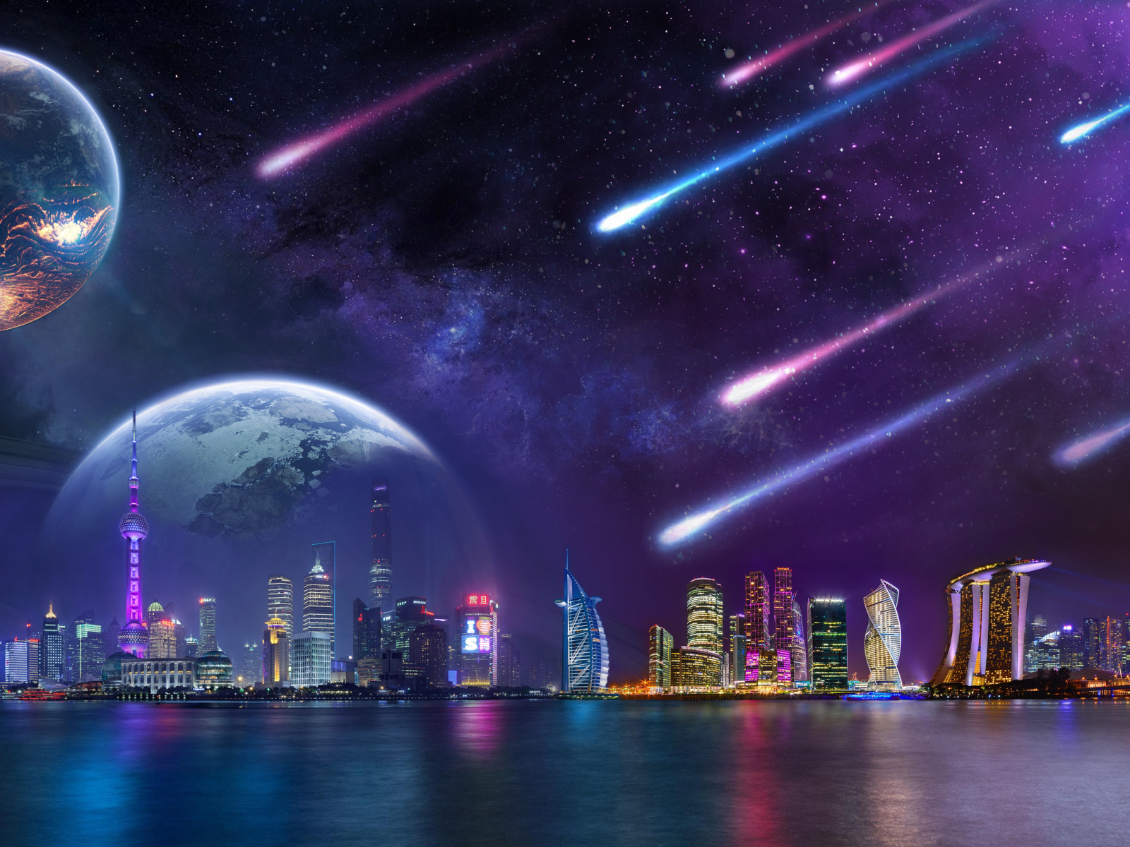 Метеориты в небе с планетами надают на мегаполис ночью