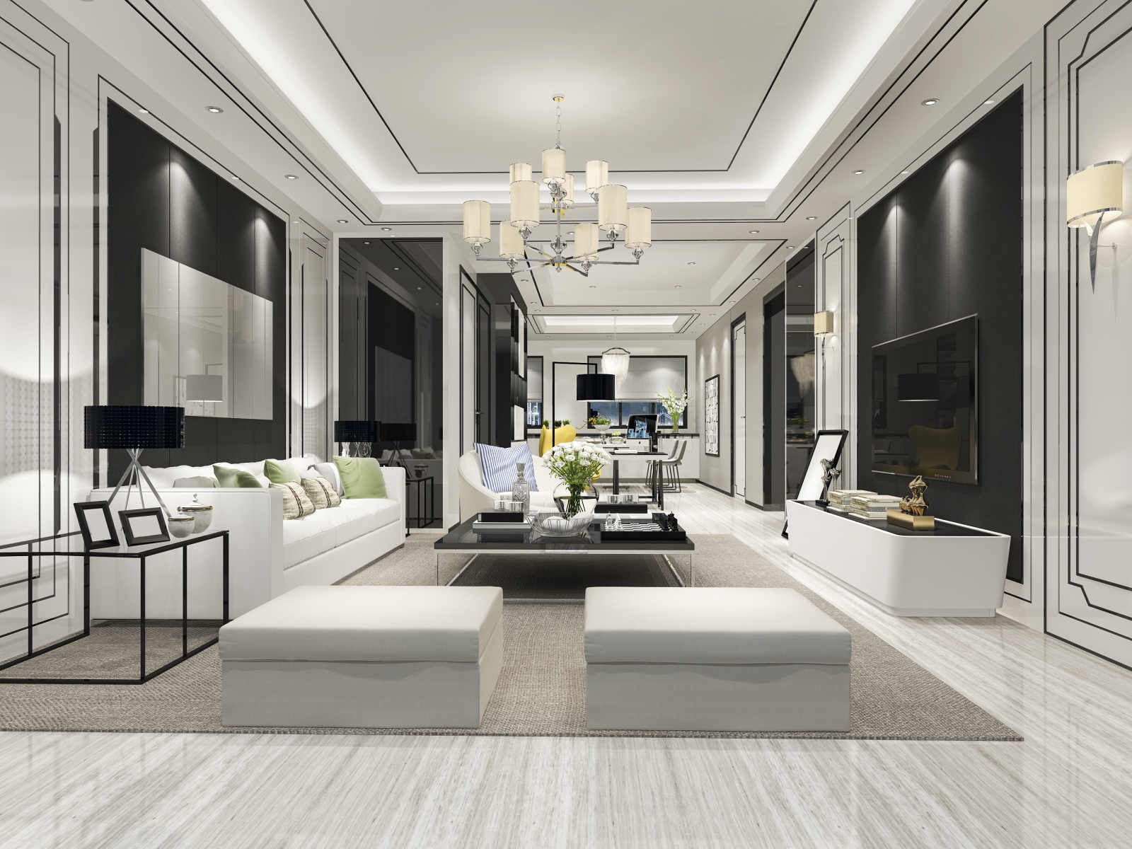 Большая просторная гостиная комната с белой кожаной мебелью