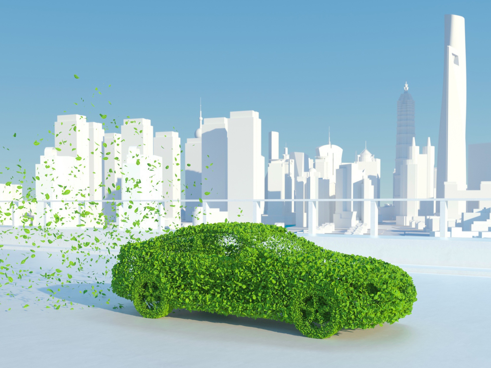 Зеленый автомобиль из листьев на фоне города 3д модель