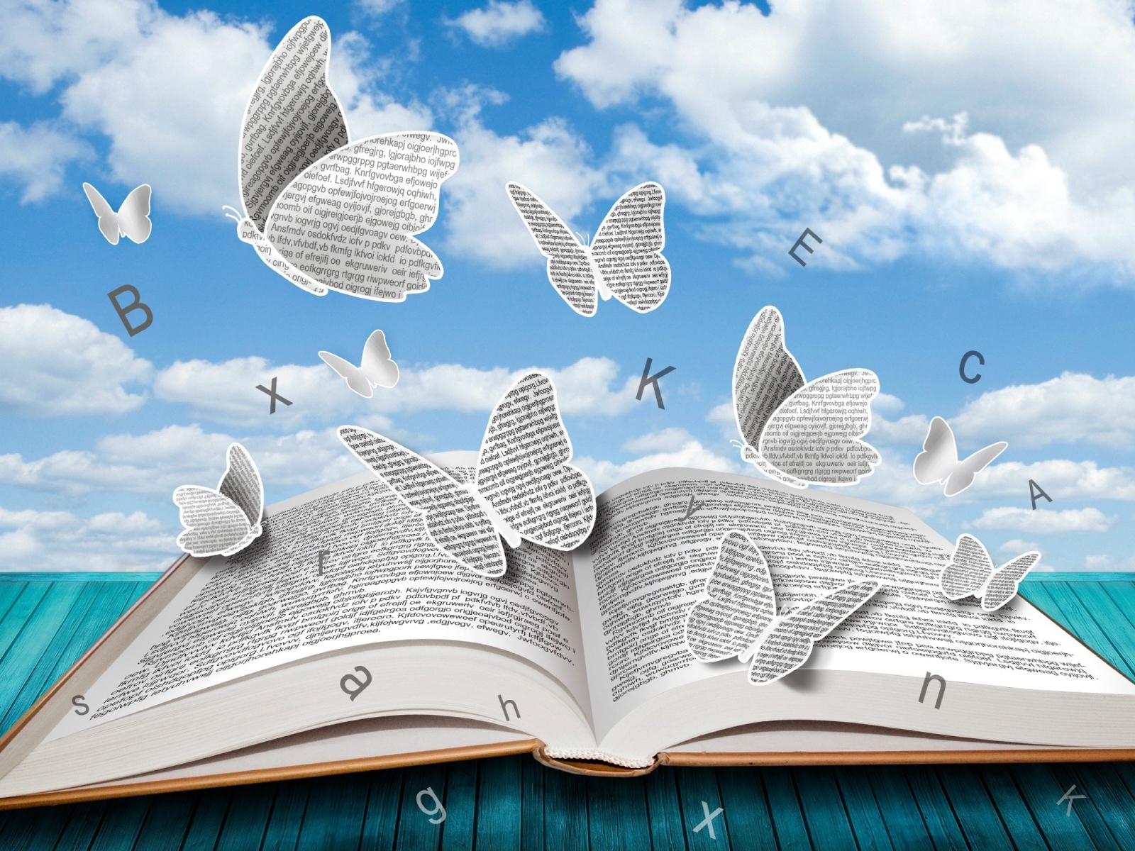 Бумажные бабочки и буквы над книгой 
