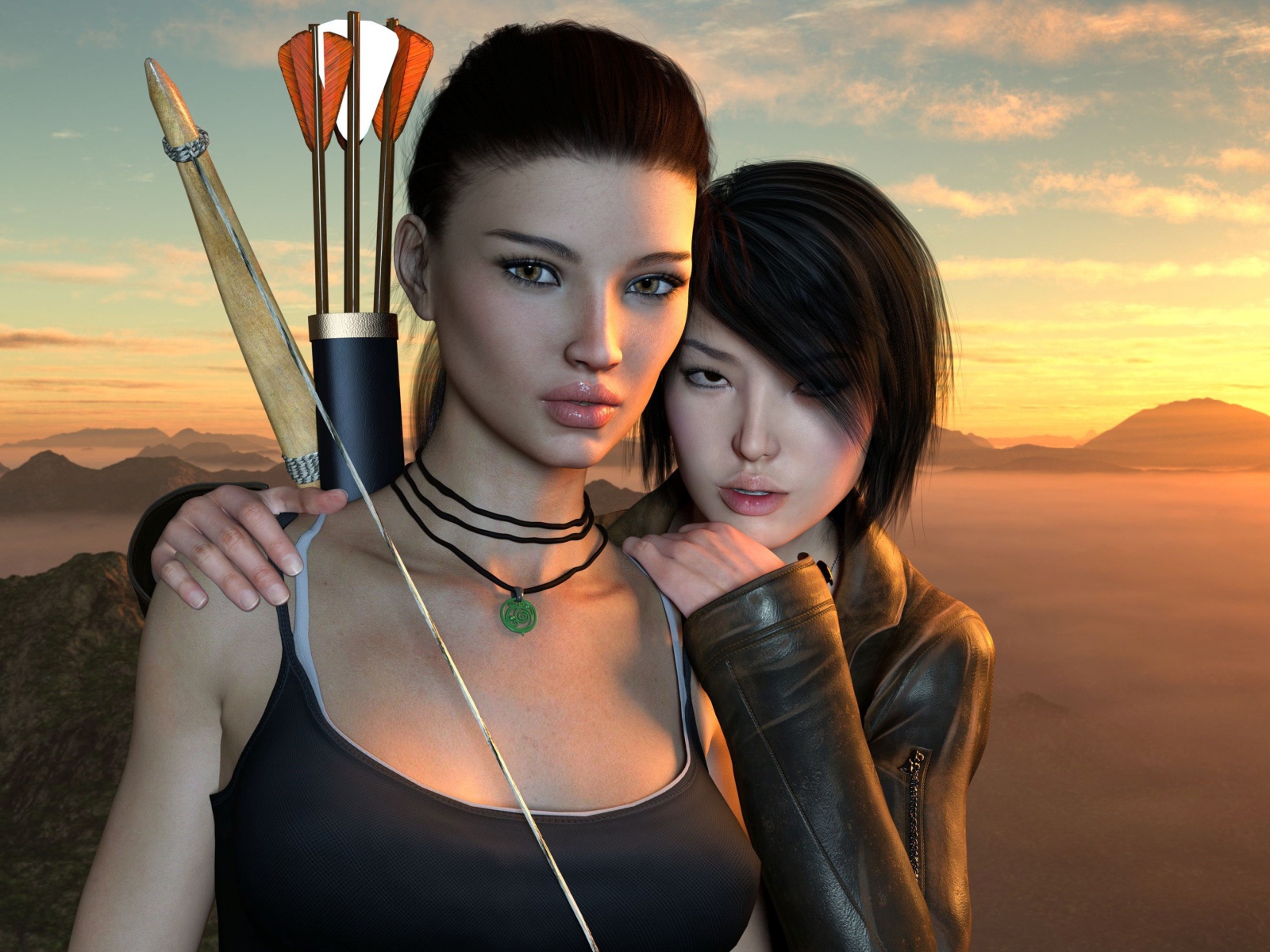 Две 3д девушки с луком и стрелами