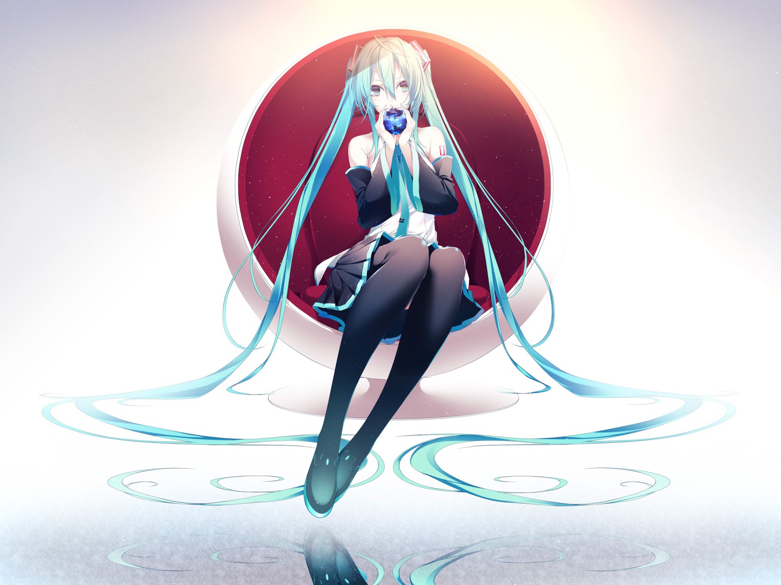 Девушка Мика Хацунэ в белом кресле аниме Вокалоид 