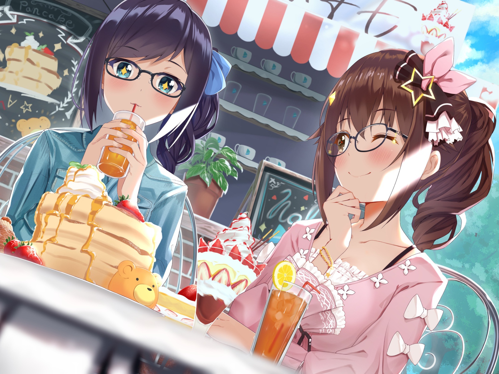 Две девушки сидят в кафе аниме  Виртуальный Ютубер