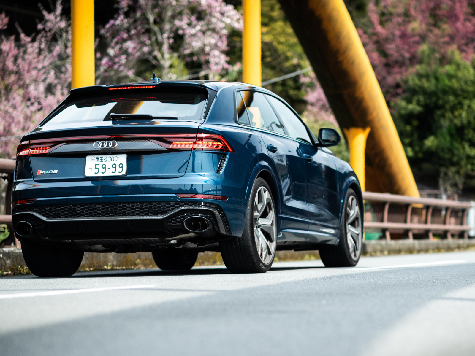 Синий кроссовер Audi RS Q8 2021 года вид сзади