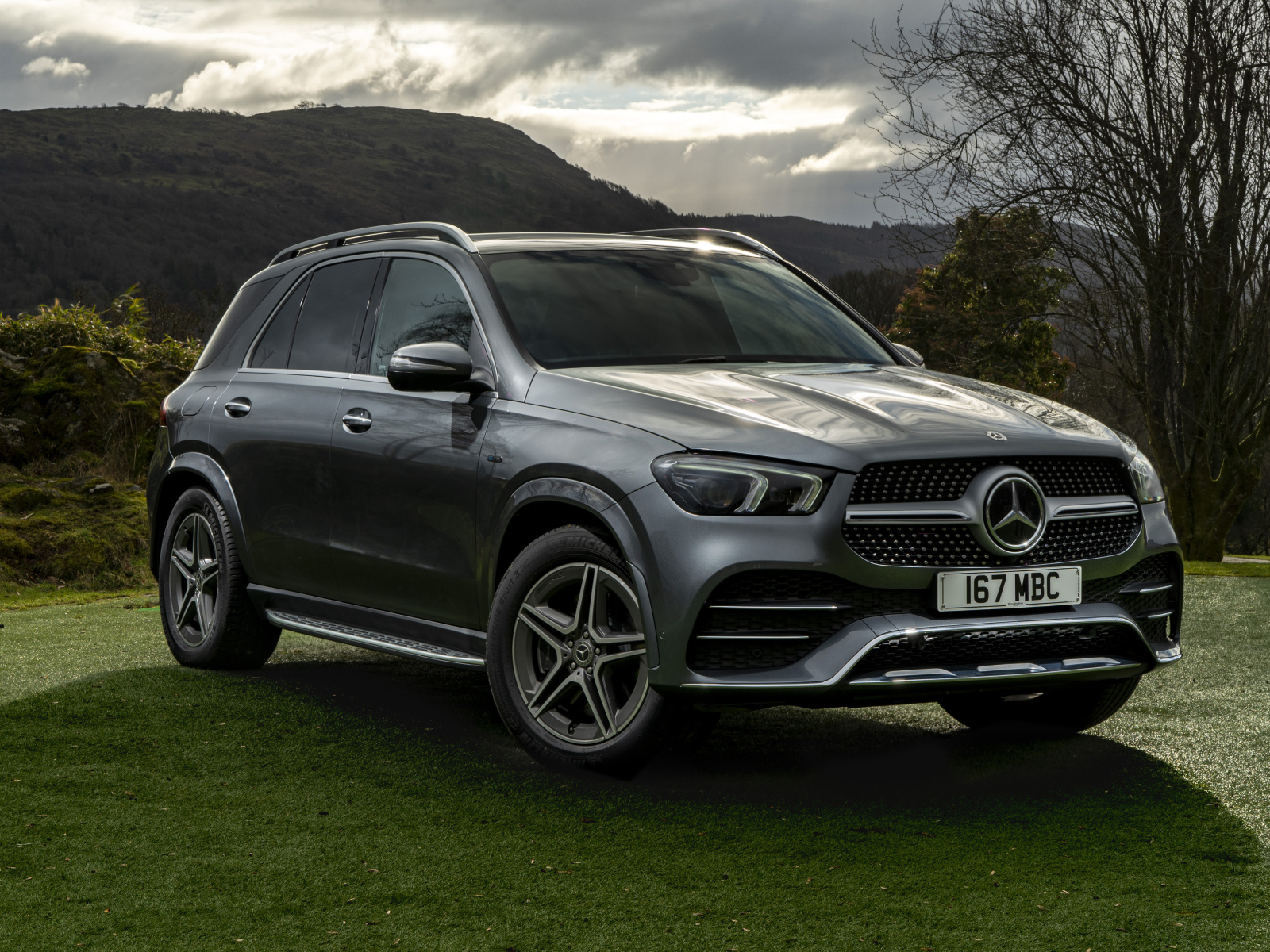 Серебристый автомобиль Mercedes-Benz GLE 350 De 4MATIC AMG Line на траве