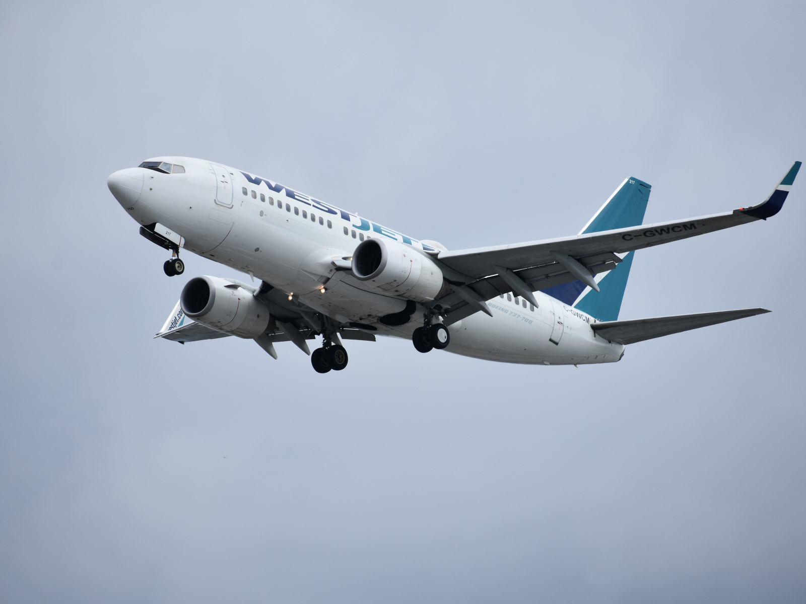 Пассажирский Boeing 737 авиакомпании  WestJet в небе 