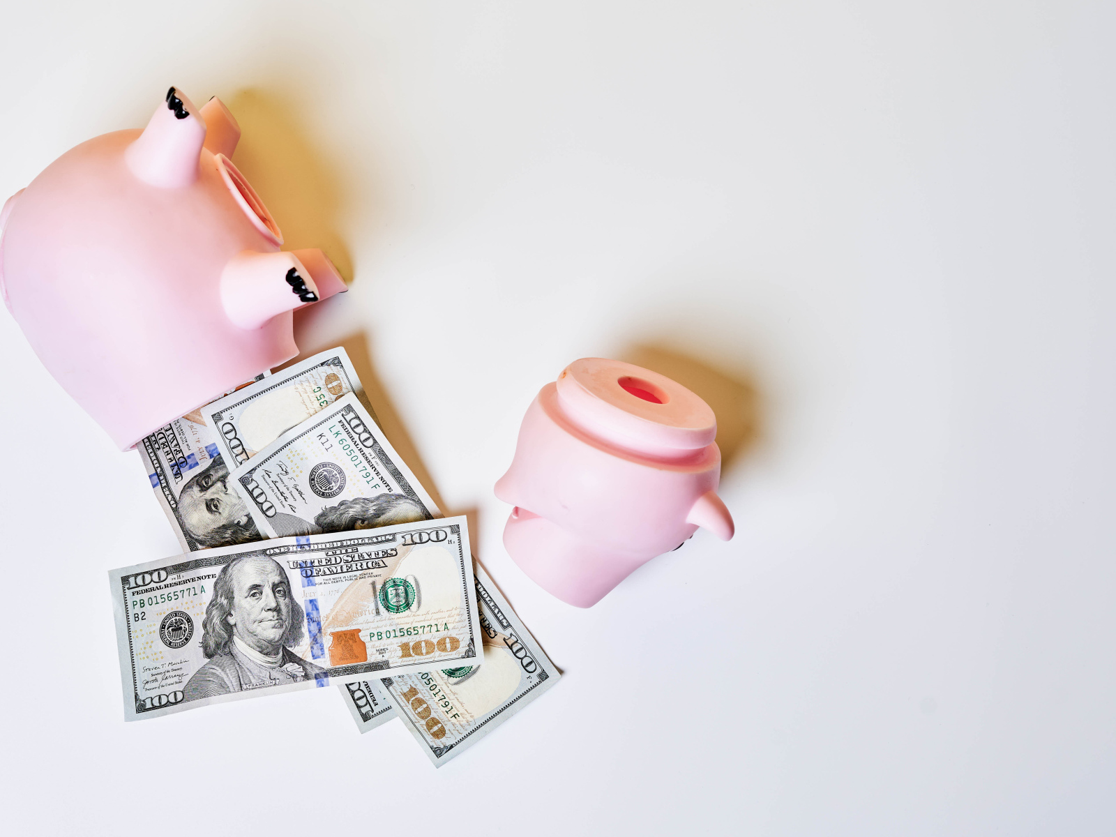 Свинья копилка с долларами на сером фоне 