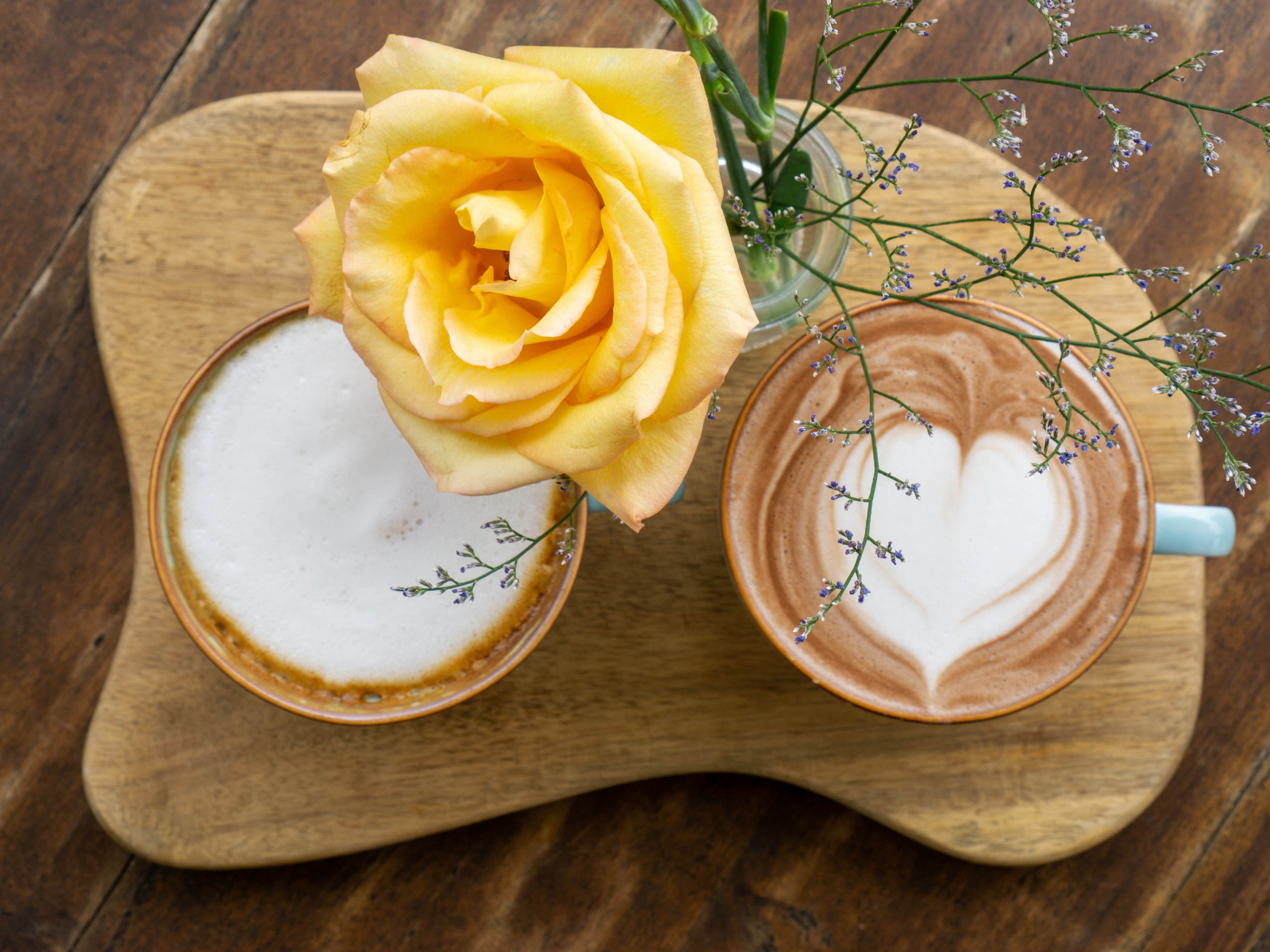 Красивая оранжевая роза на столе с кофе