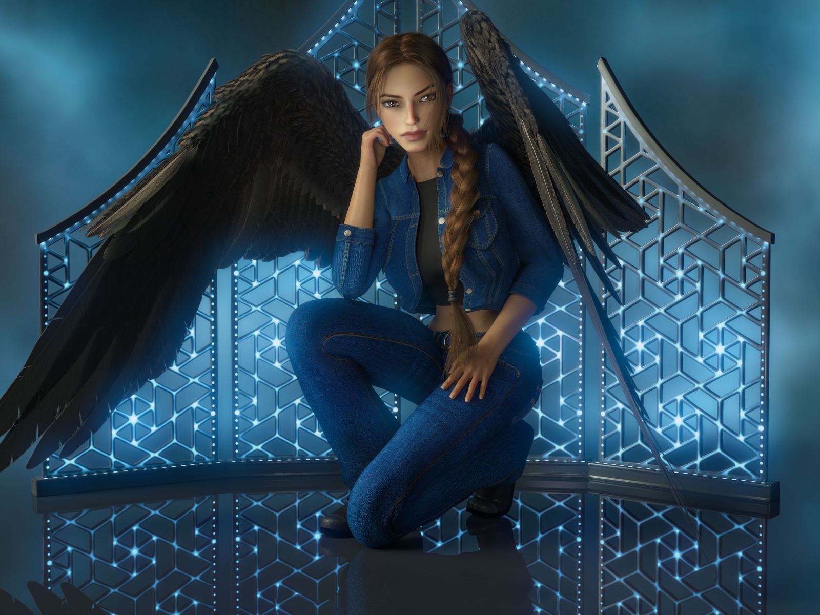 Девушка 3д с большими черными крыльями