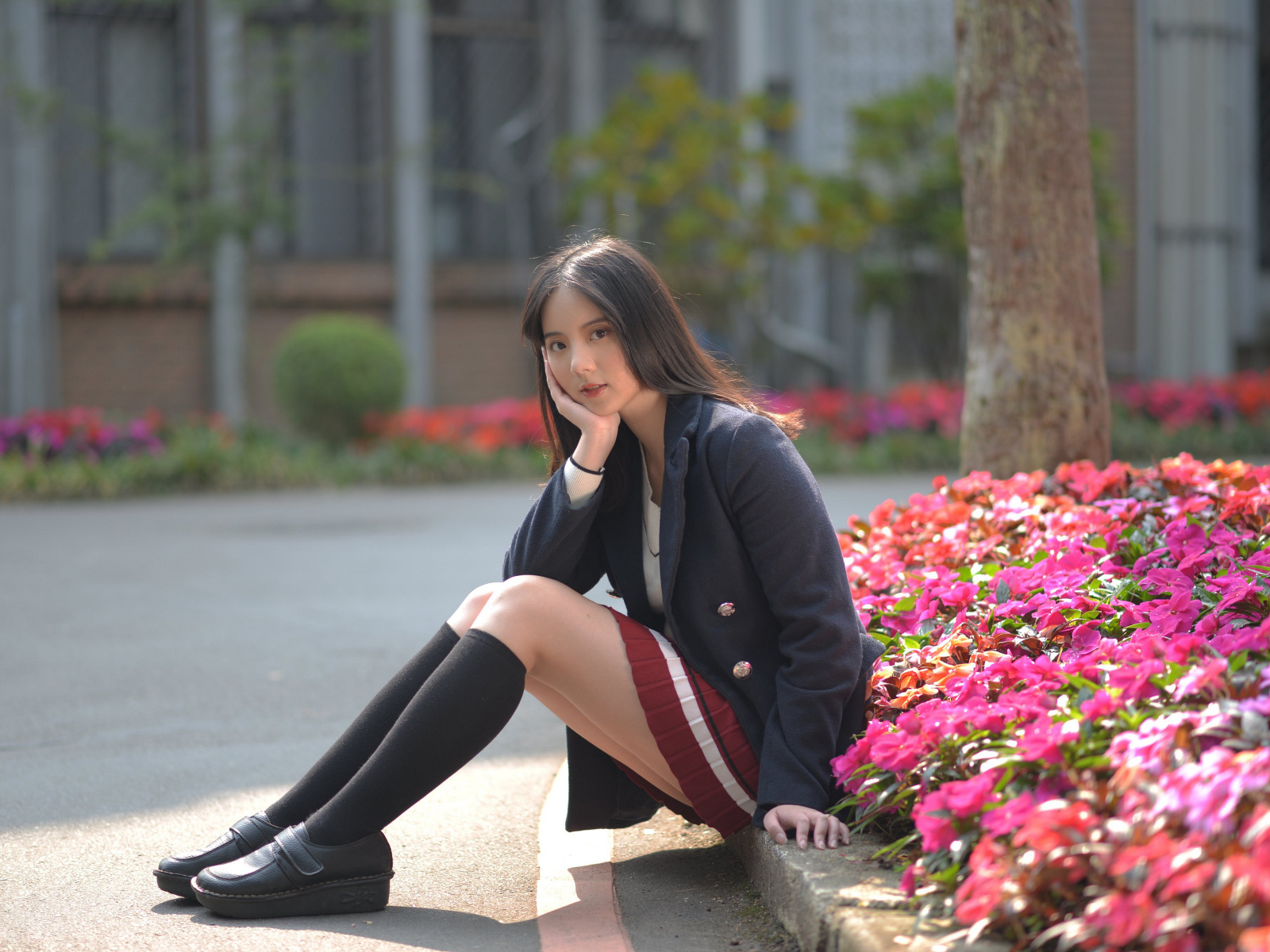 Девушка азиатка  сидит на клумбе с цветами
