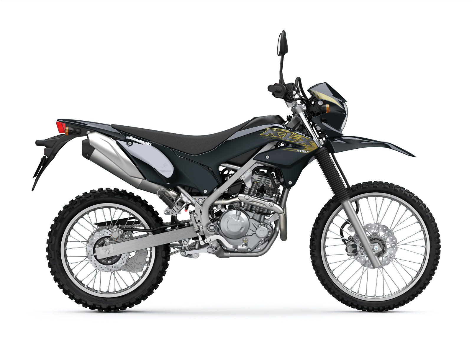 Гоночный мотоцикл Kawasaki KLX230 на белом фоне