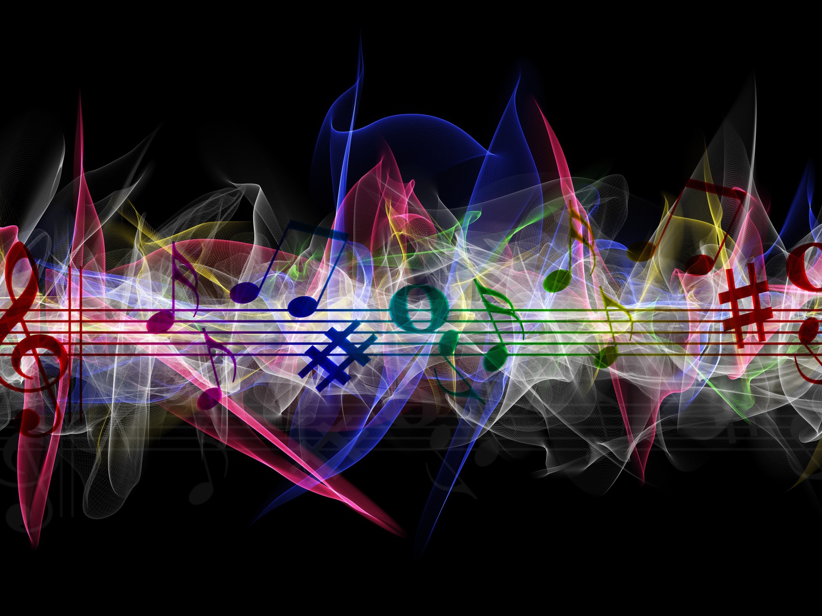 Нотный ряд с разноцветными волнами на черном фоне