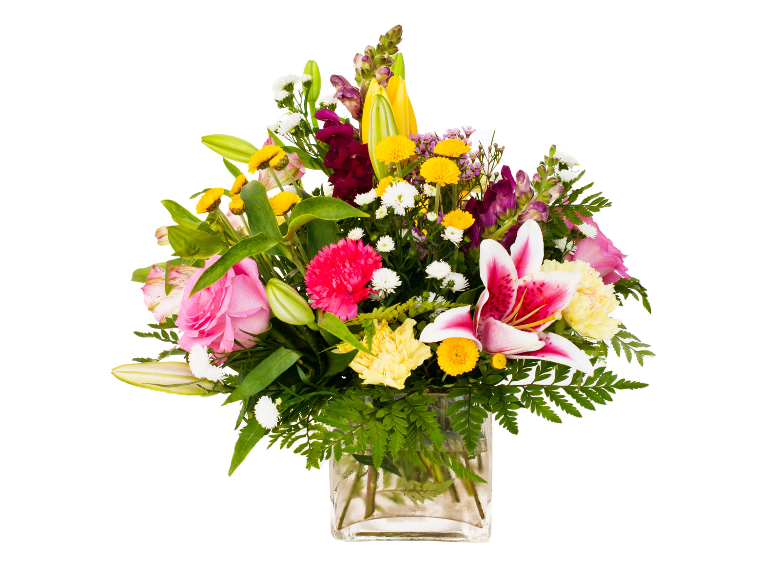 Красивый букет в стеклянной вазе на белом фоне