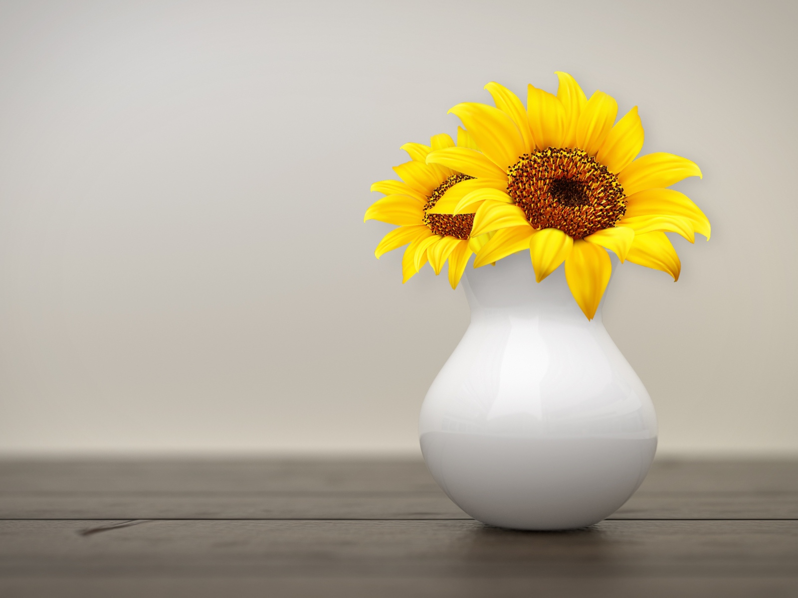 Two sunflower flowers in a white vase on a wall background