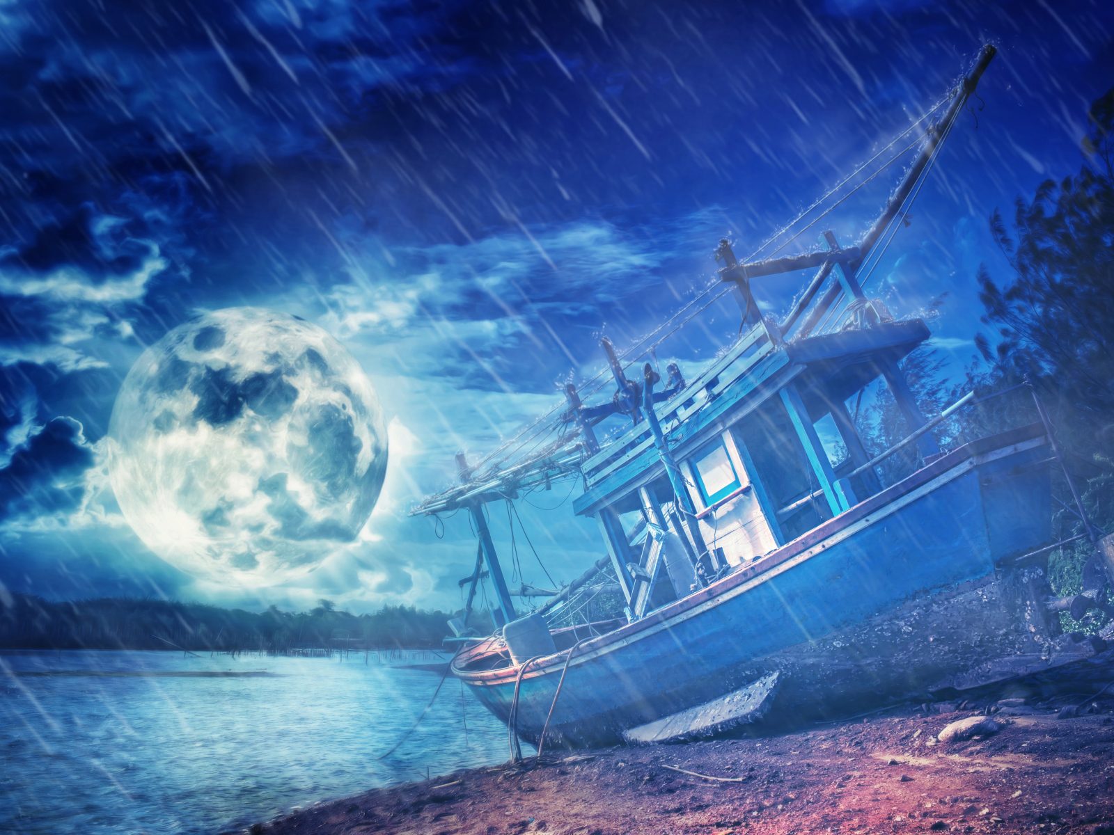 Старая лодка на берегу при свете луны под дождем