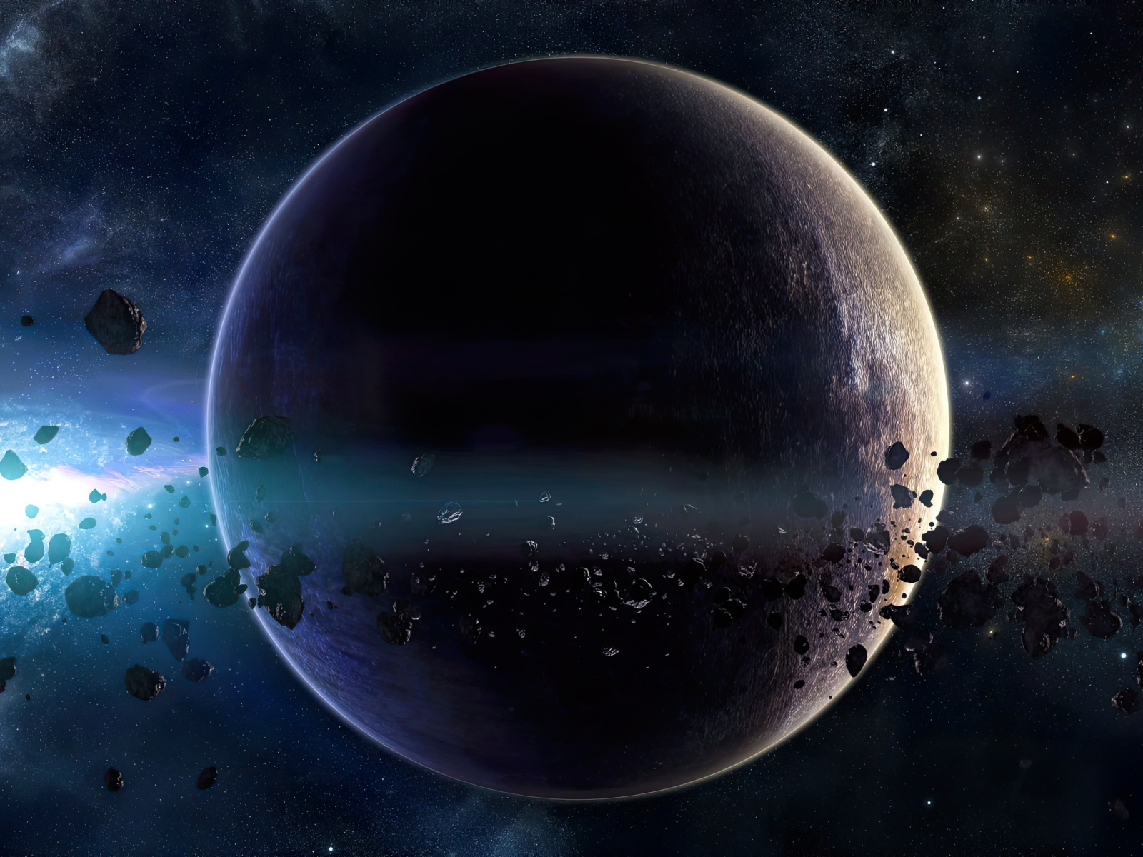 Большая планета с астероидами в космосе