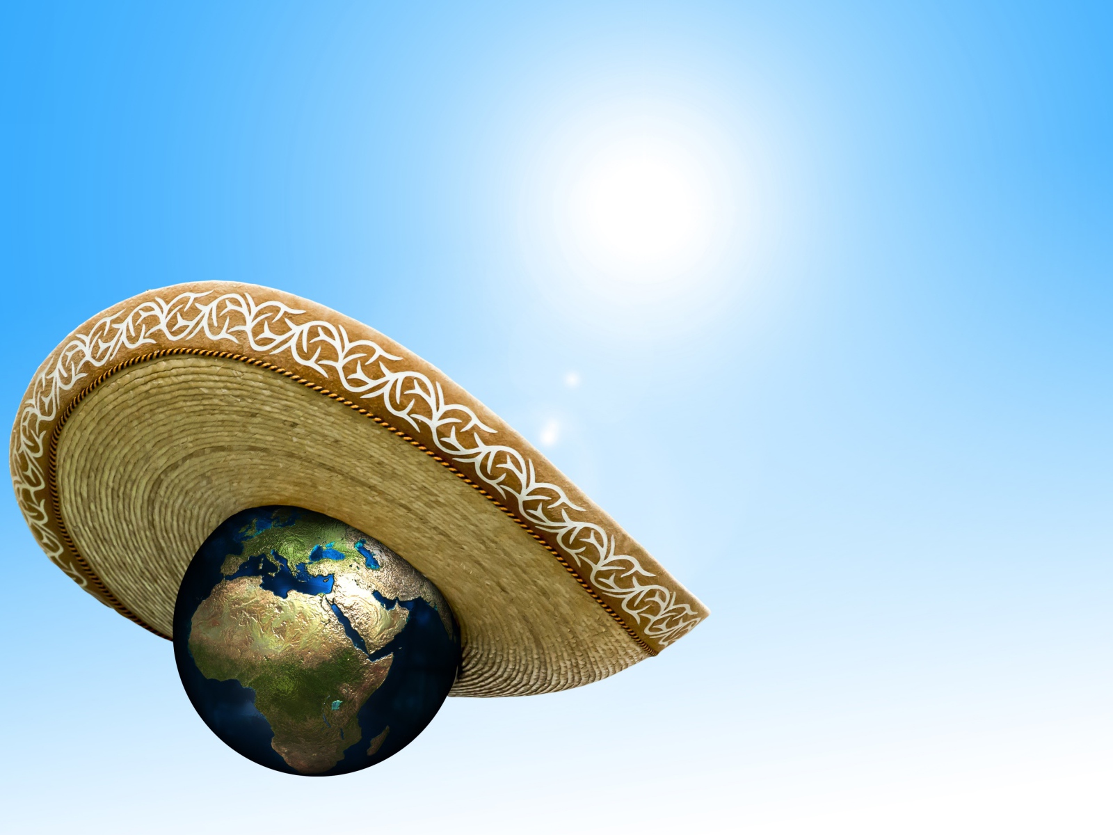 Планета земля в сомбреро на голубом фоне