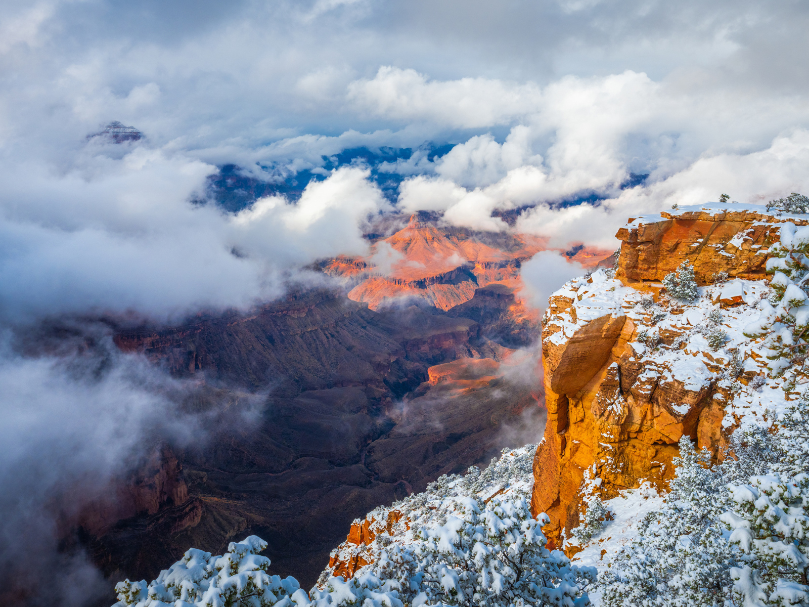 Вид на Гранд каньон под белыми облаками,США