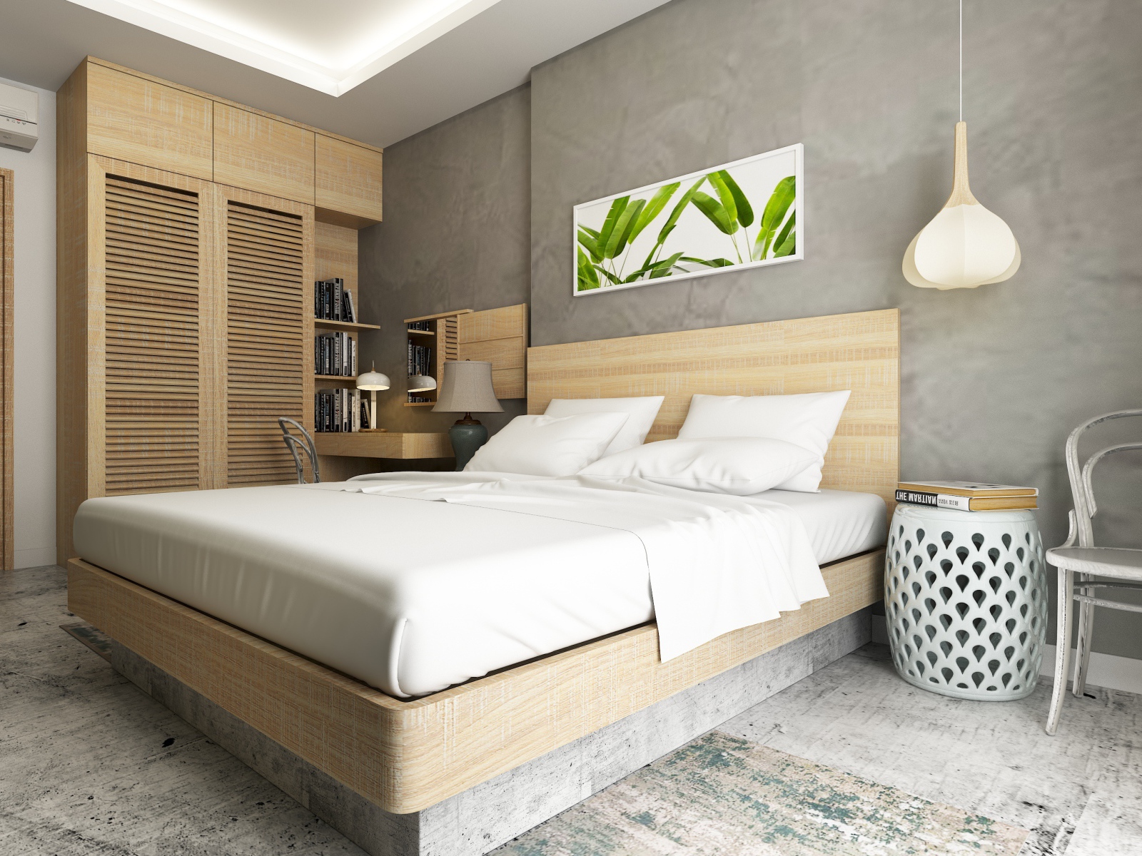 Серые стены с картиной в спальной комнате