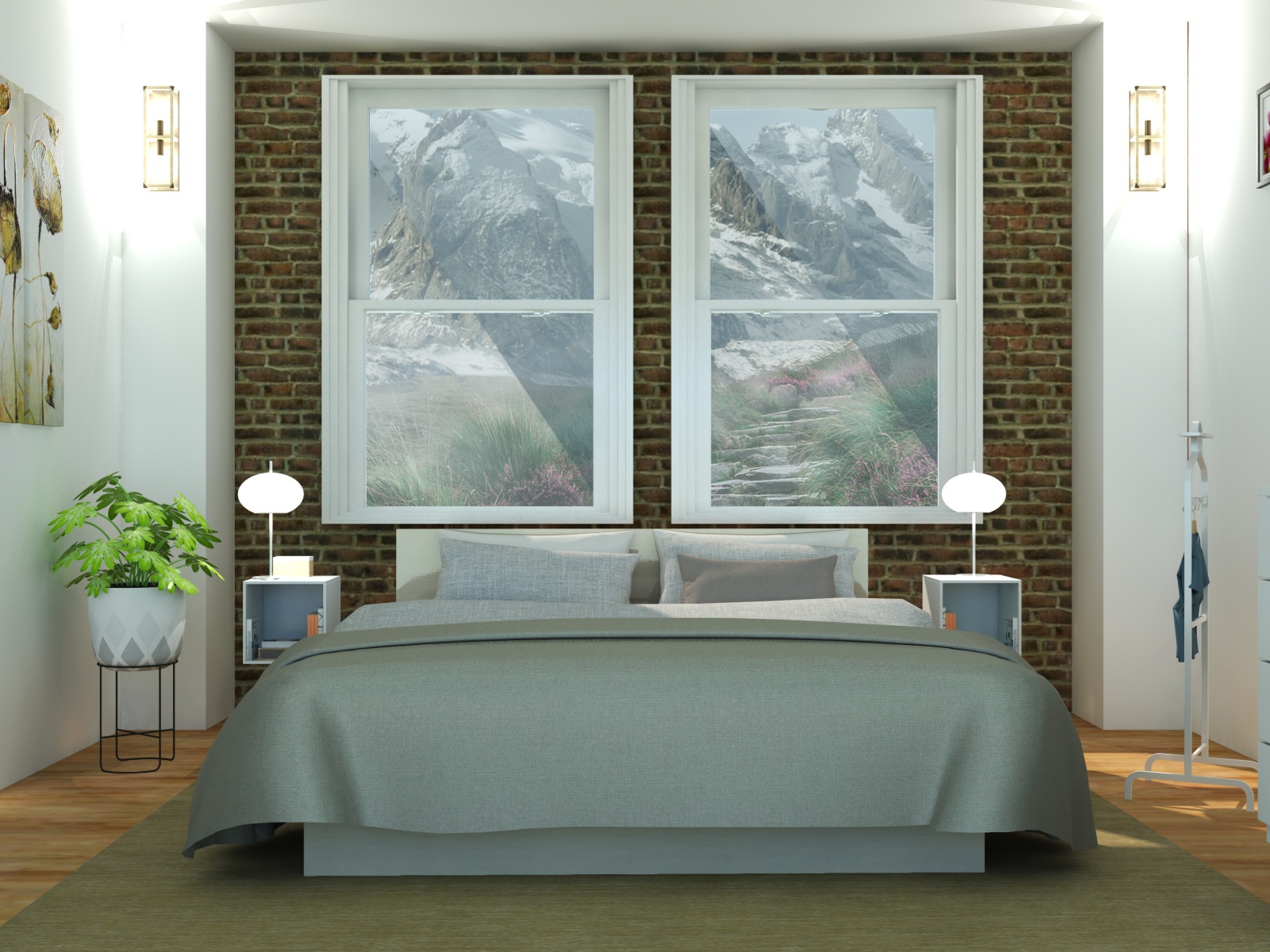 Большая кровать  в комнате с картинами на стенах 