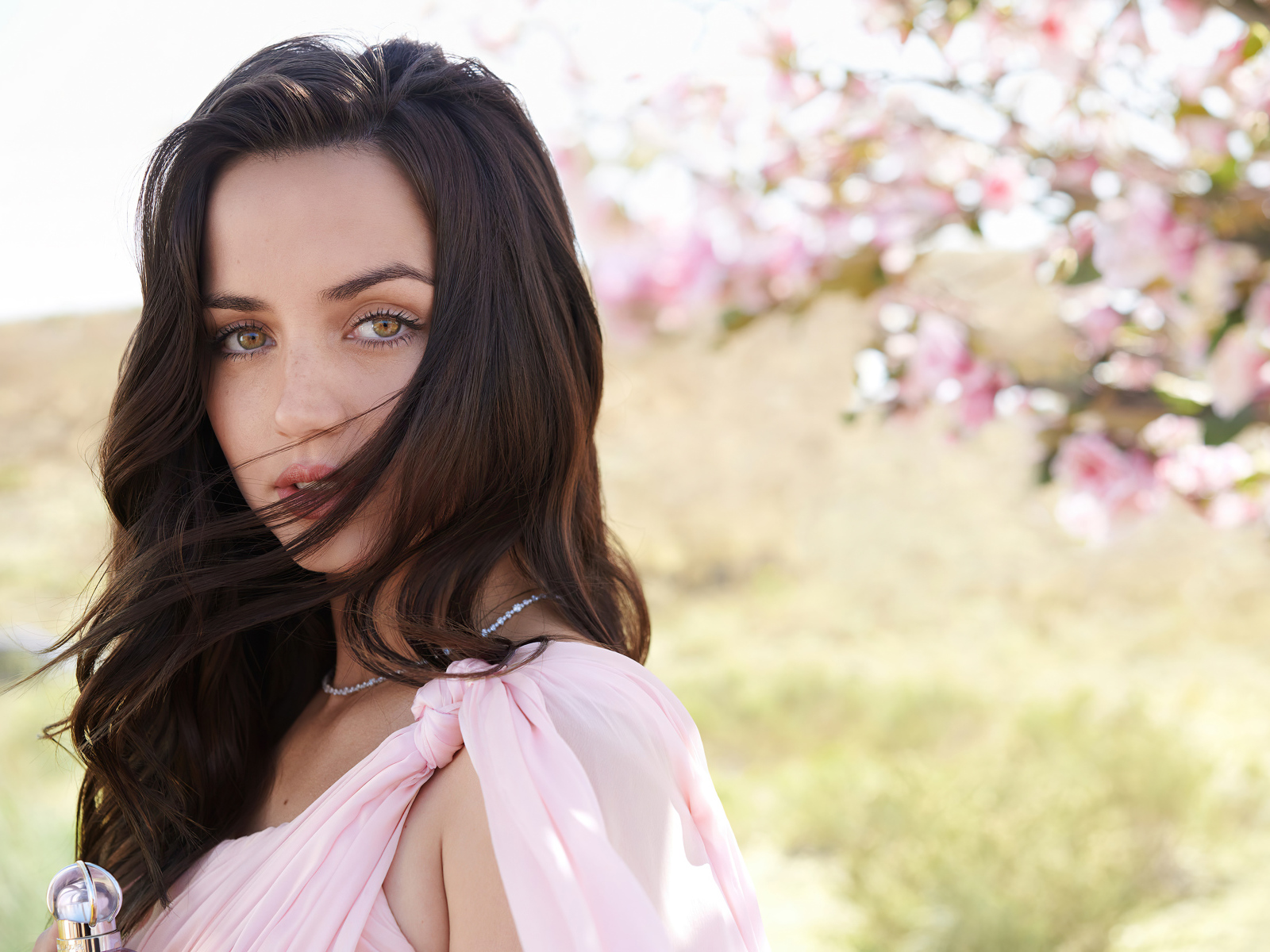 Нежная девушка, актриса Ана де Армас в розовом платье