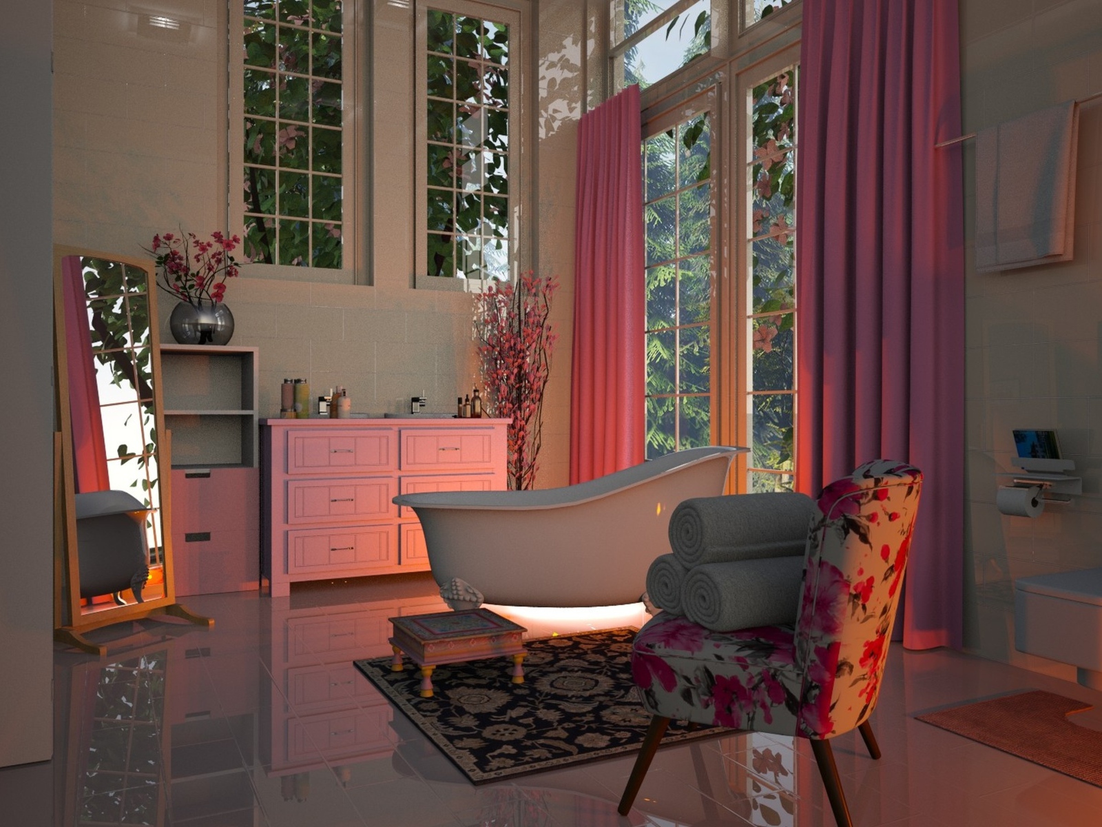 Кресло стоит в ванной комнате с большим окном