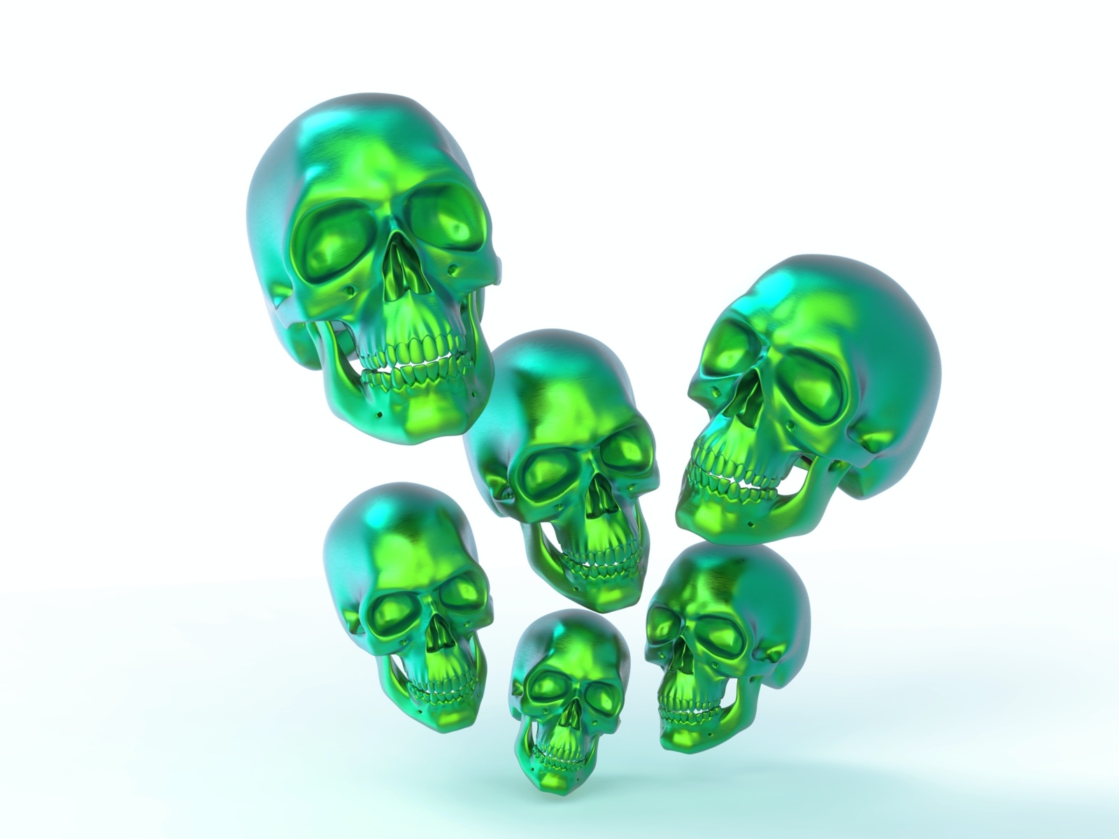 Зеленые стальные черепа на белом фоне