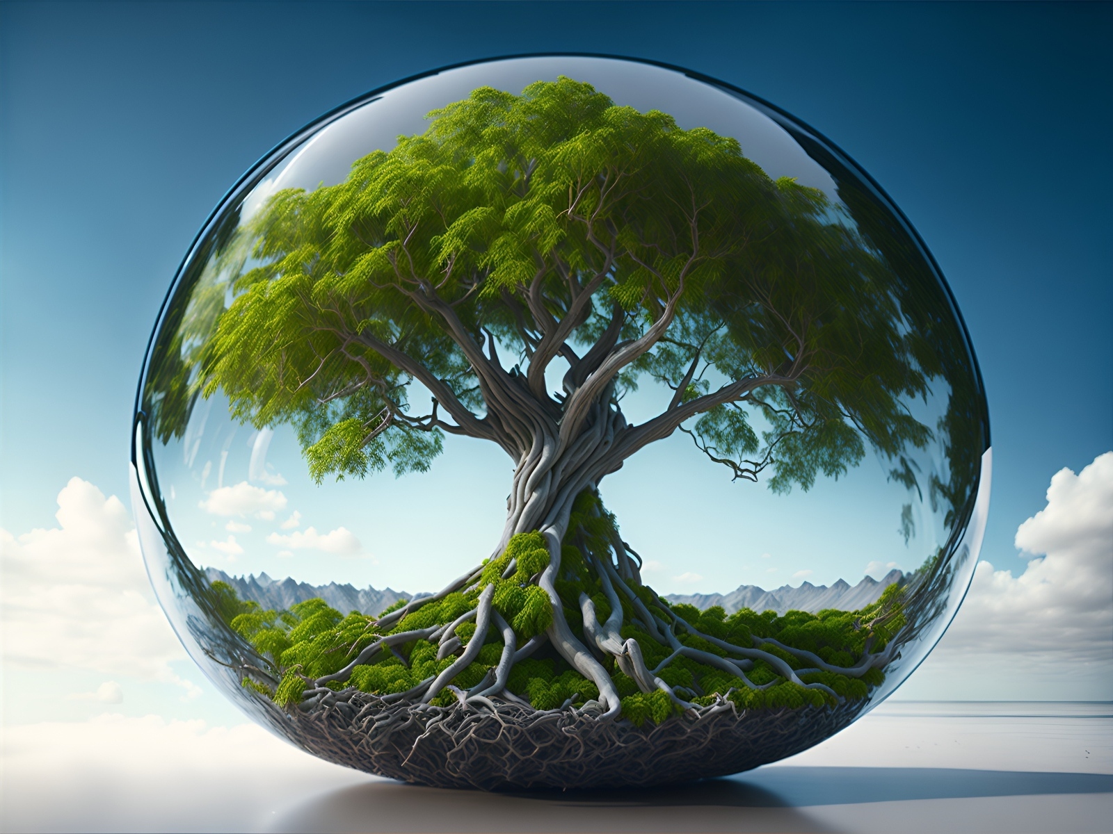 Зеленое дерево в капле воды на фоне неба