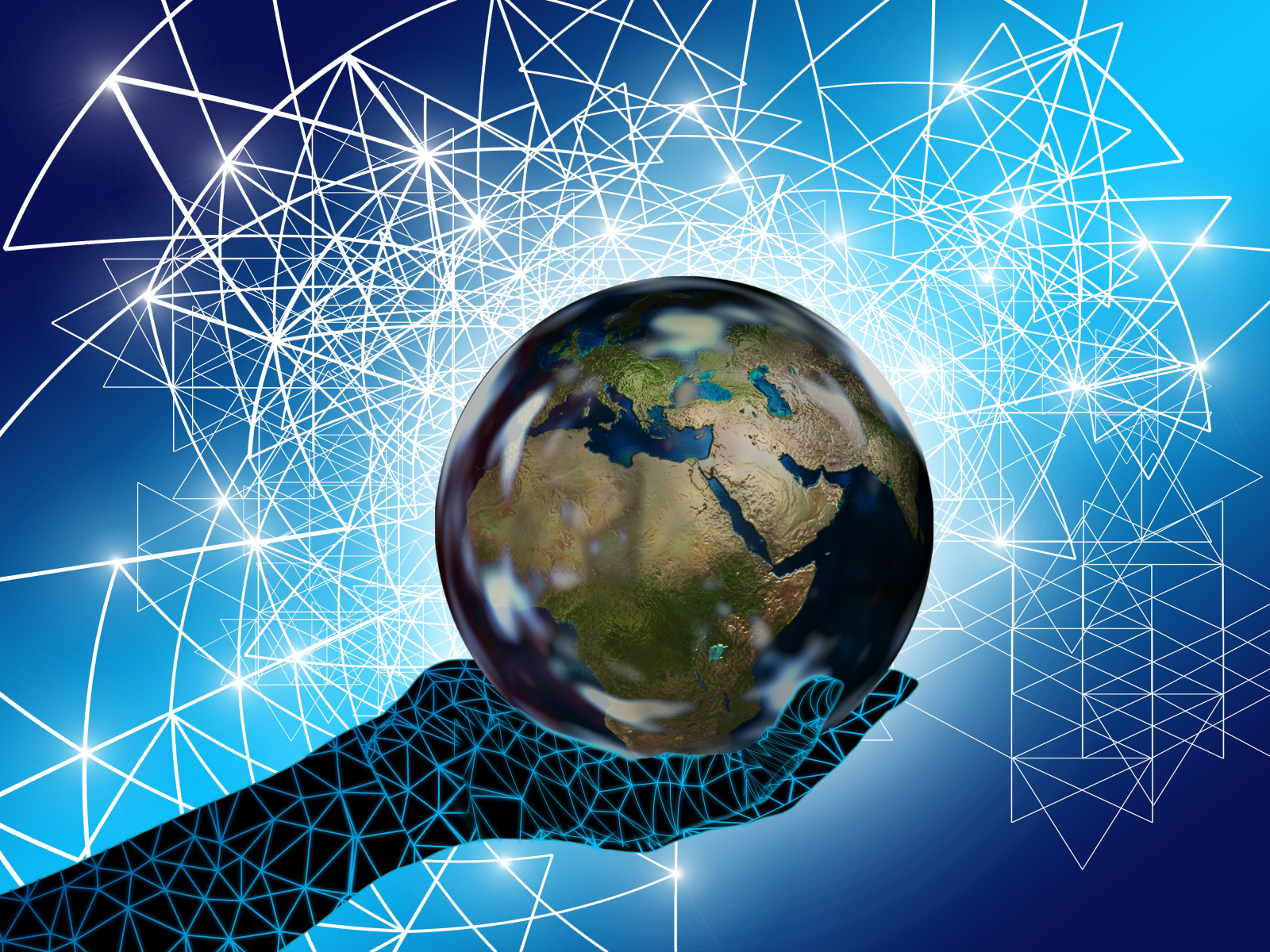 Планета земля на руке в компьютерной паутине