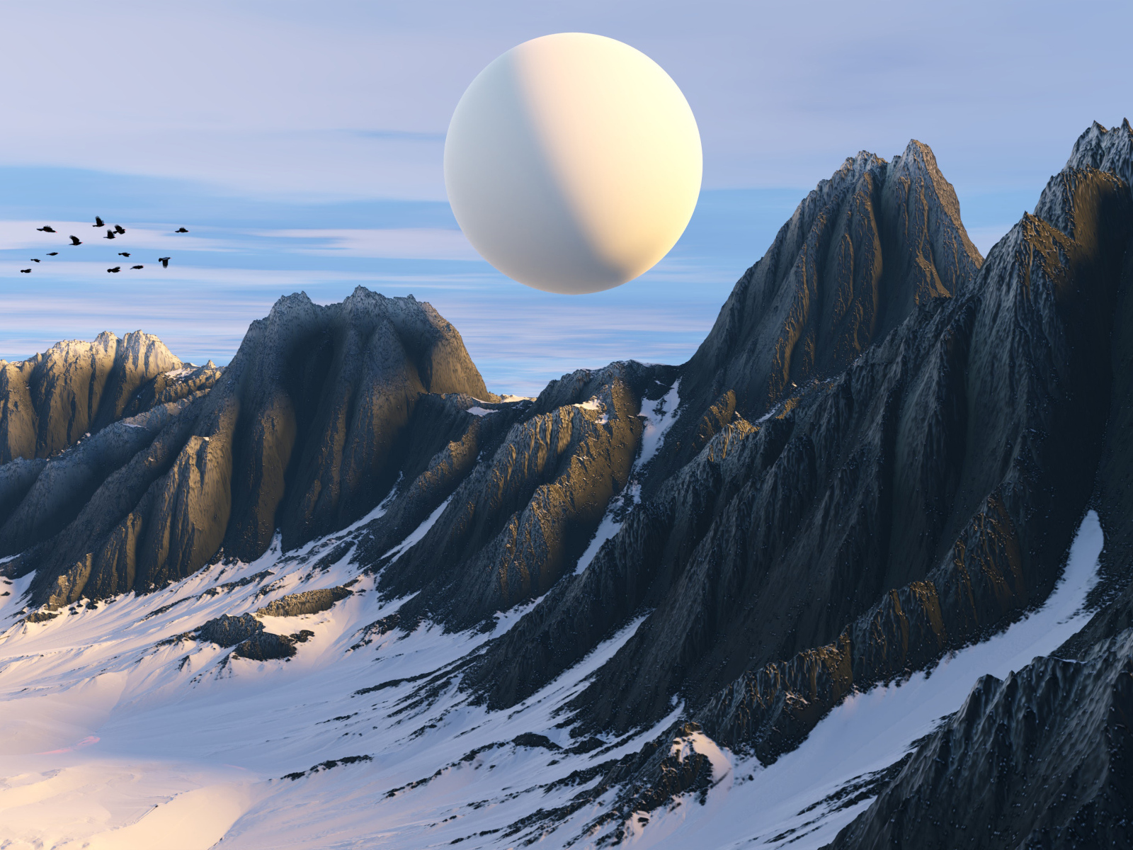 Белая планета над горами 3д графика